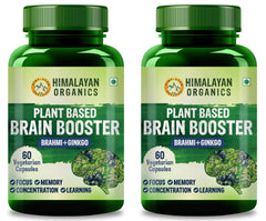 Himalayan Organics Plant Based Brain Booster Supplement With Ginkgo Biloba & Brahmi, Healthy Brain, Stress Relief, Improve Focus | 60 Veg Capsules 100gm 0.2lbs Each Pack Of 2