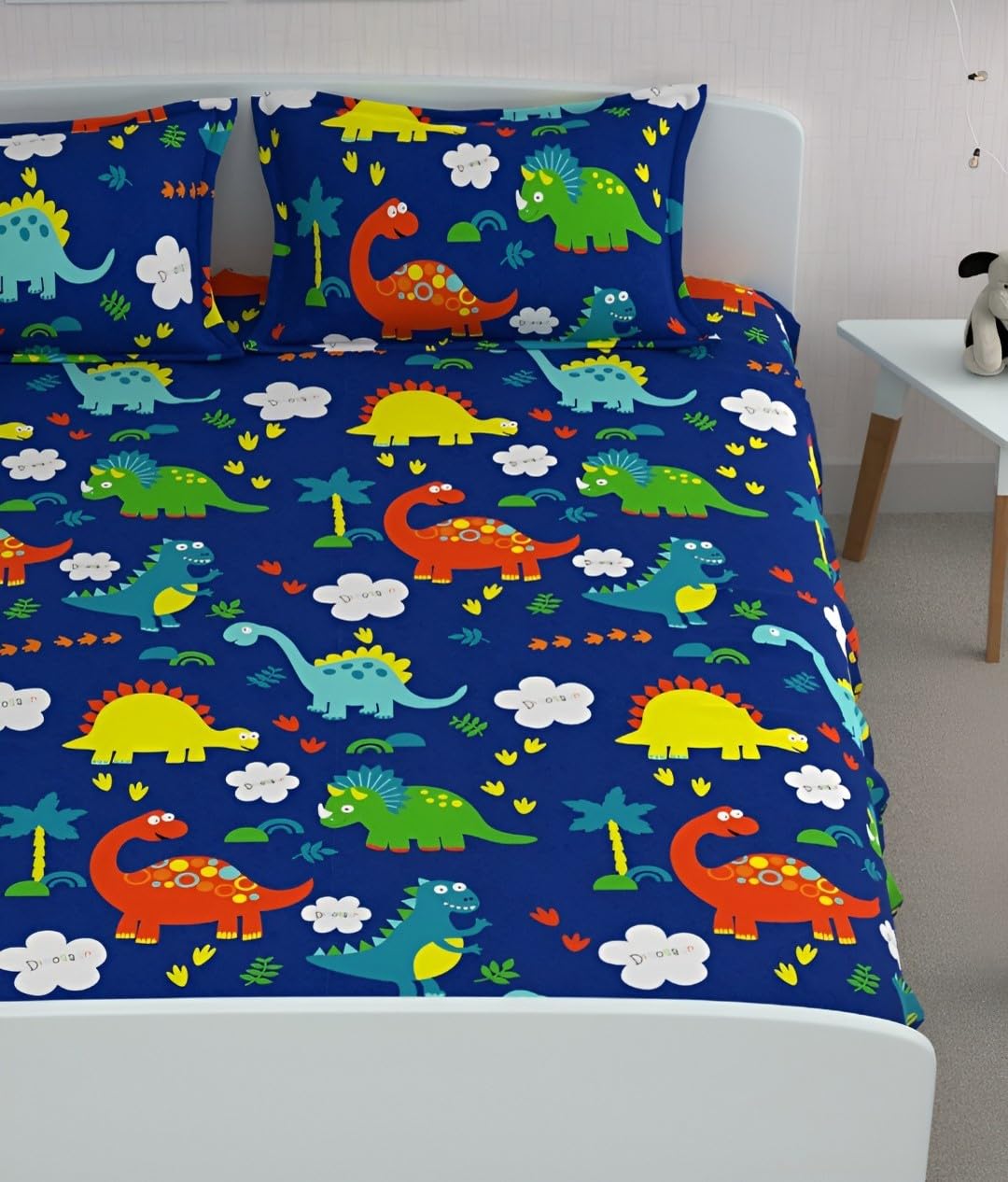 Cartoon Printed Double Bedsheet For Kids With 2 Pillow Cover - 72 X 78 X 10 Inches, Dark Blue | Cotton Feel All Around Elastic Fitted King Size Double Bed