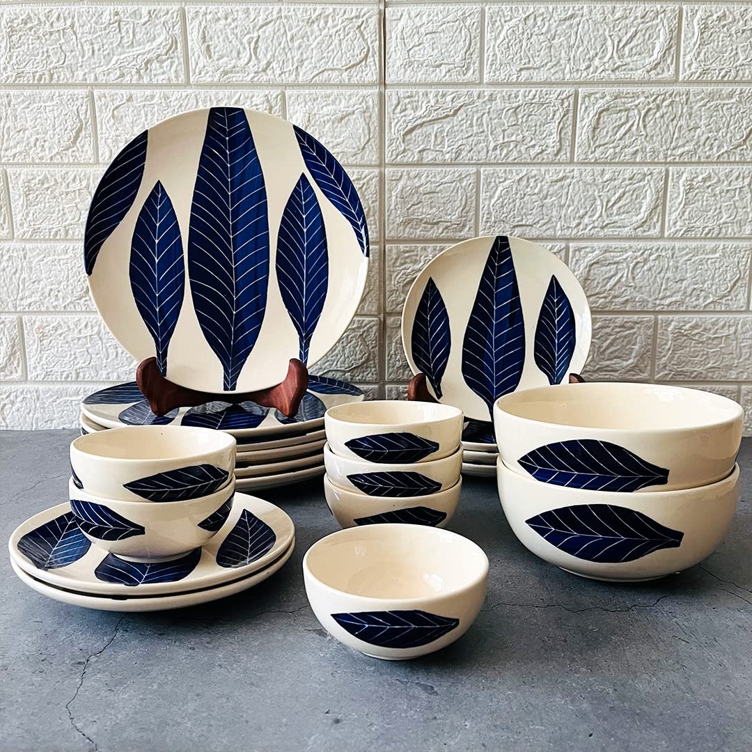 Patram Hand Painted Ceramic Dinner Set Of 20 Pieces With Serving Bowls - White & Blue | 6 Dinner Plates + 6 Side Plates+ 6 Katori Bowls, 180ml Each + 2 Serving Bowls, 800ml Each | Serving For 6