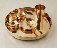 Golden Handicraft Kansa Bronze Dinner Thali Set 6 Pcs - 1 Plate, 1 Big Bowl, 1 Halwa Plate, 1 Small Bowl, 1 Glass, 1 Spoon