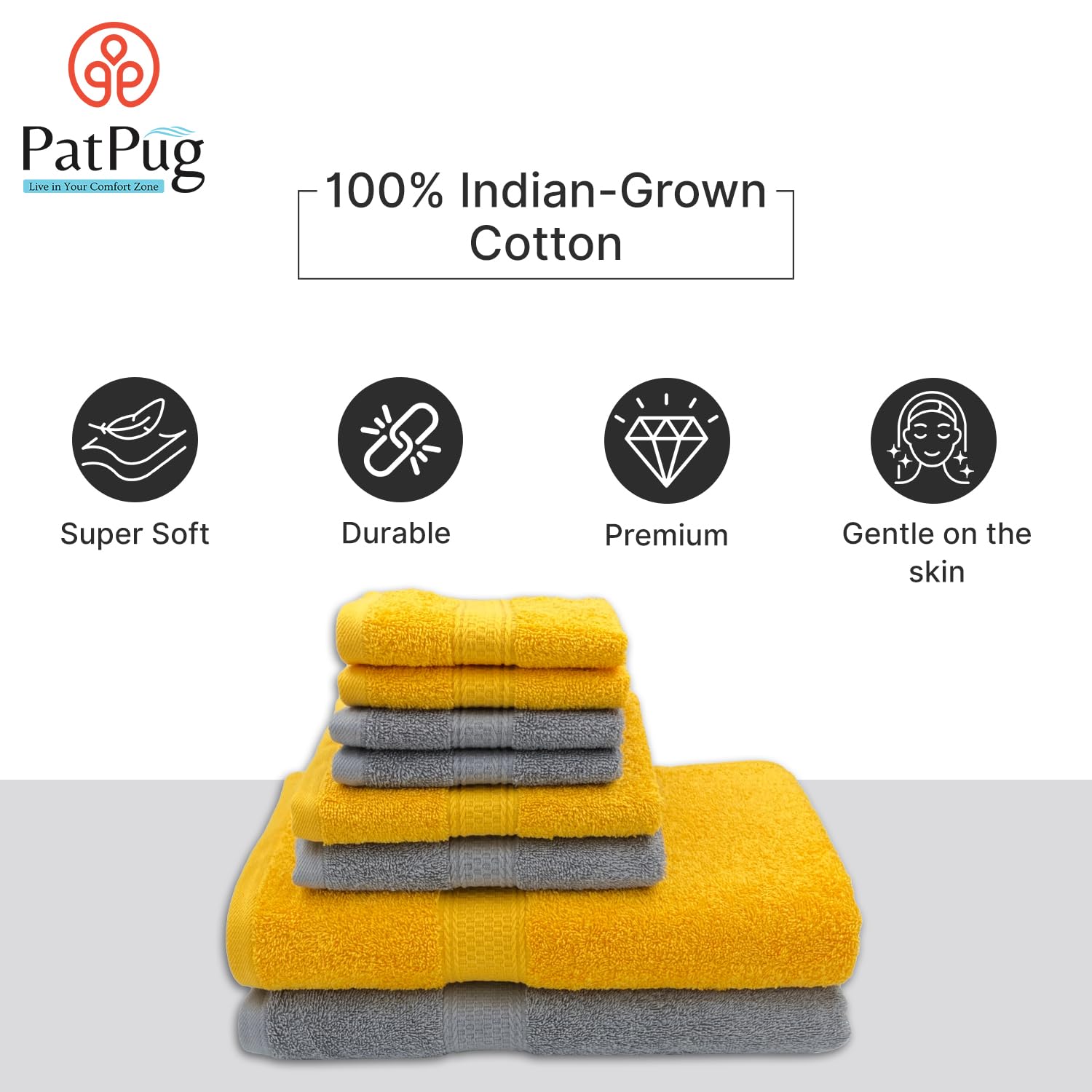 Patpug 100% Indian Cotton Plush Towel Set 2000 Gsm | Highly Absorbent, Fade Resistant, Quick Drying 2 Bath, 2 Hand & 4 Face Towel (Silver Grey & Sunrise Yellow) - 8 Piece