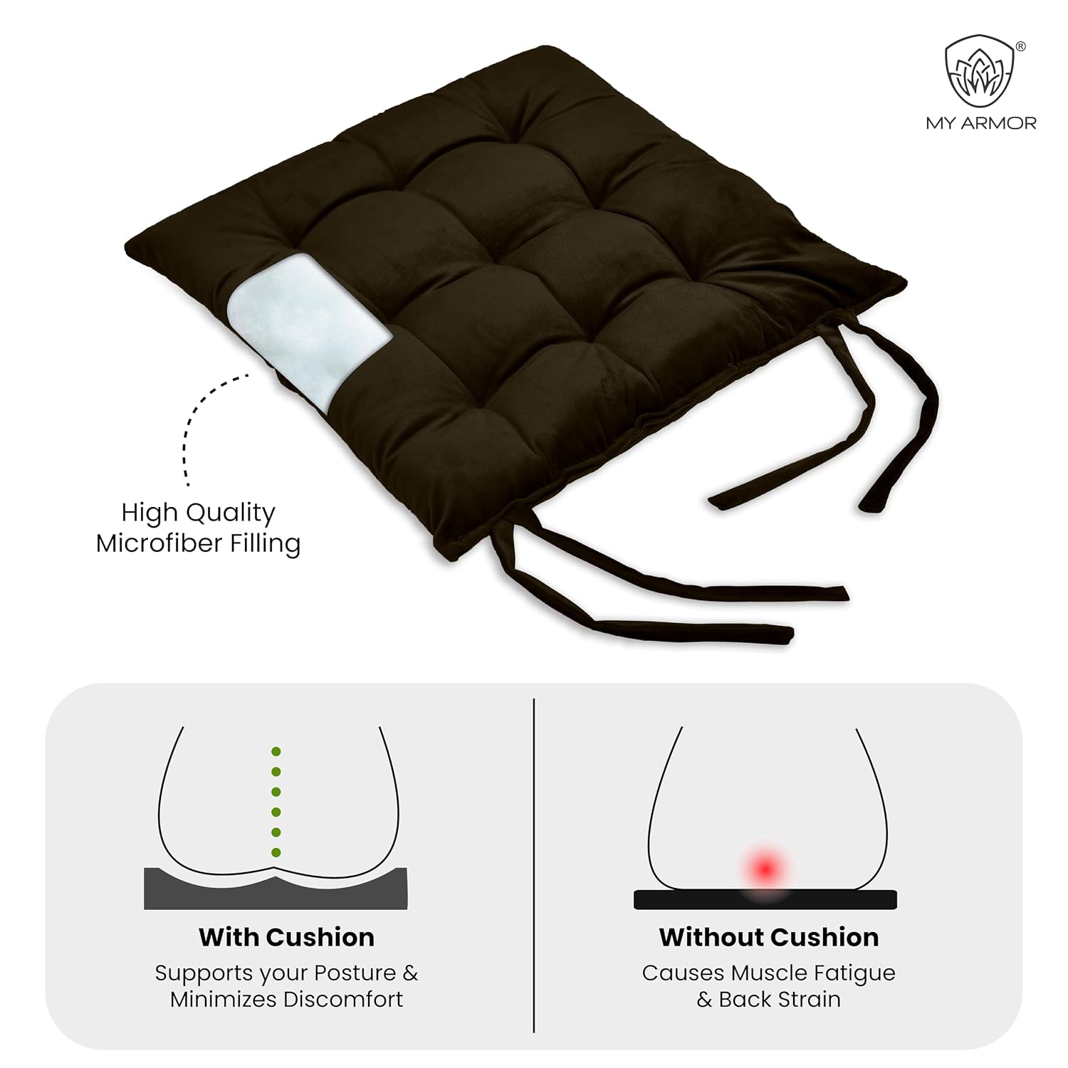 Square Chair Pads Cushion, For Comfortable Sitting, Brown Color - 40 X 40 Cm | Seat Cushions With Ties For Sitting, Pooja, Dining & Office Table | Furniture Cushion, Washable - Pack Of 2