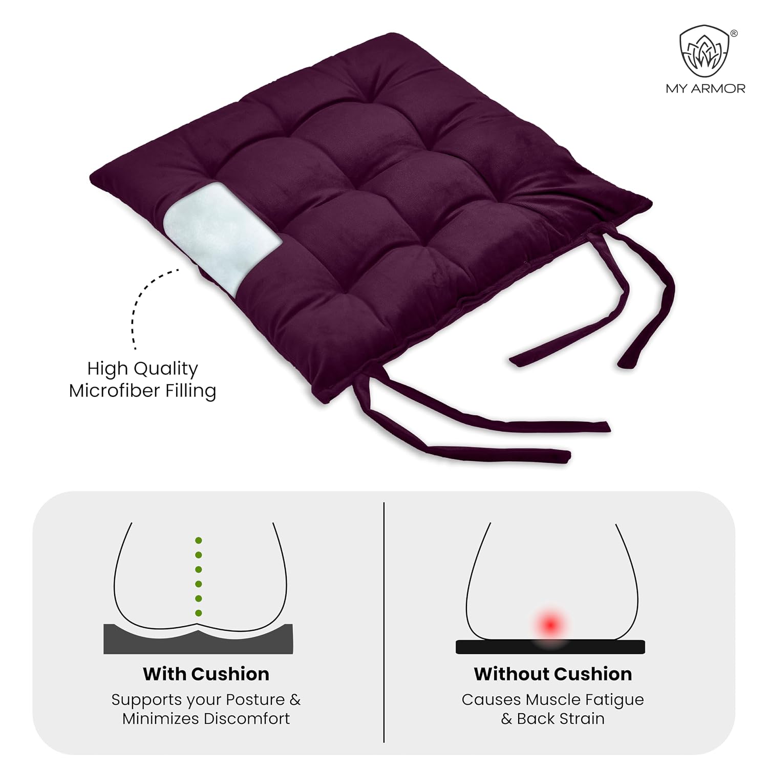 Square Chair Pads Cushion, For Comfortable Sitting, Purple Color - 40 X 40 Cm | Seat Cushions With Ties For Sitting, Pooja, Dining & Office Table | Furniture Cushion, Washable - Pack Of 4