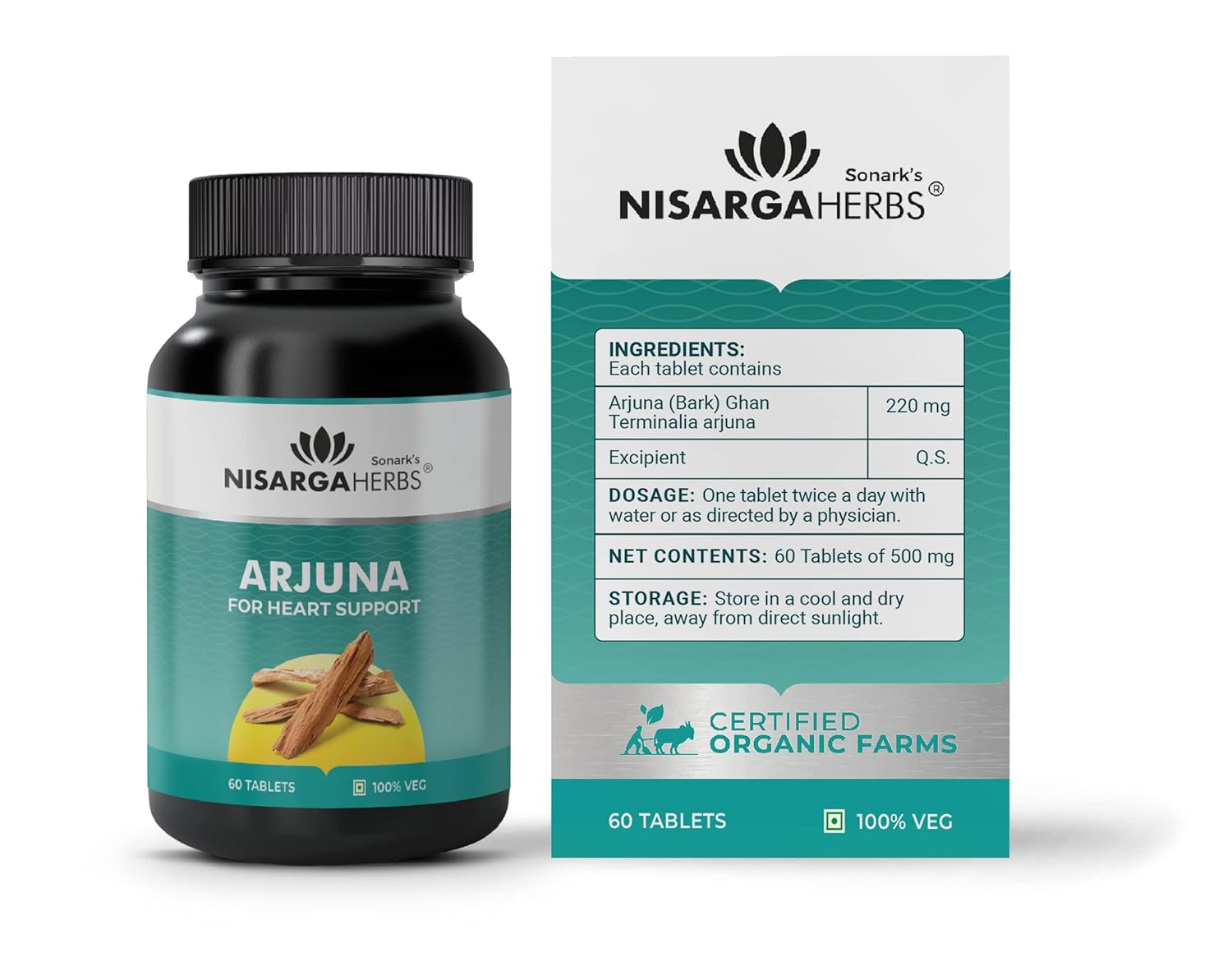 Nisarga Herbs Arjuna Tablet, 100% Organic, Ayurvedic & Natural, Gluten Free Herbal Heart Tonic, Strengthens Cardiac Muscles & Cholesterol Control | 60 Veg Tablets 100gm 0.2lb Each Pack Of 2