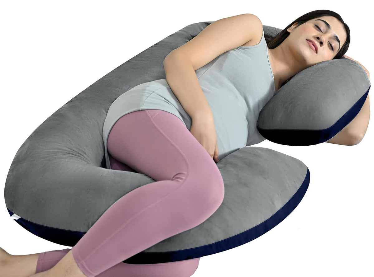 C Shaped Pregnancy Pillow For Pregnant Women & Nursing Mom, Grey & Navy Blue | Full Body Support, Single Pillow For Multipurpose Use During Maternity | Premium Velvet Outer Cover With Zip