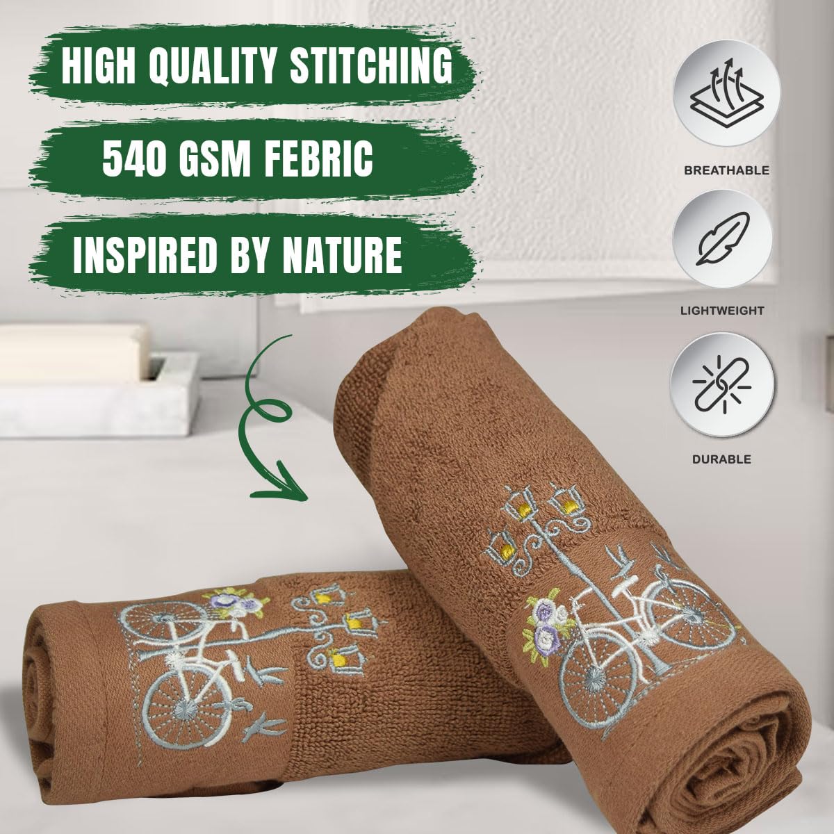 Rangoli 100% Cotton Martin Hand Towels 540 Gsm | Quick Dry, Ultra Soft, Highly Absorbent Printed Hand Towel For Men & Women Luxury & Highly Absorbent Towels - Brown (Set Of 2)