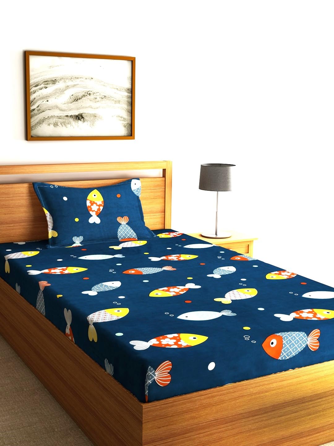 Single Bedsheet With One Matching Pillow Cover - 55 X 90 Inches, Navy Blue | Microfiber Kids Fishes Bedsheet | Normal Hand Wash Or Machine Wash