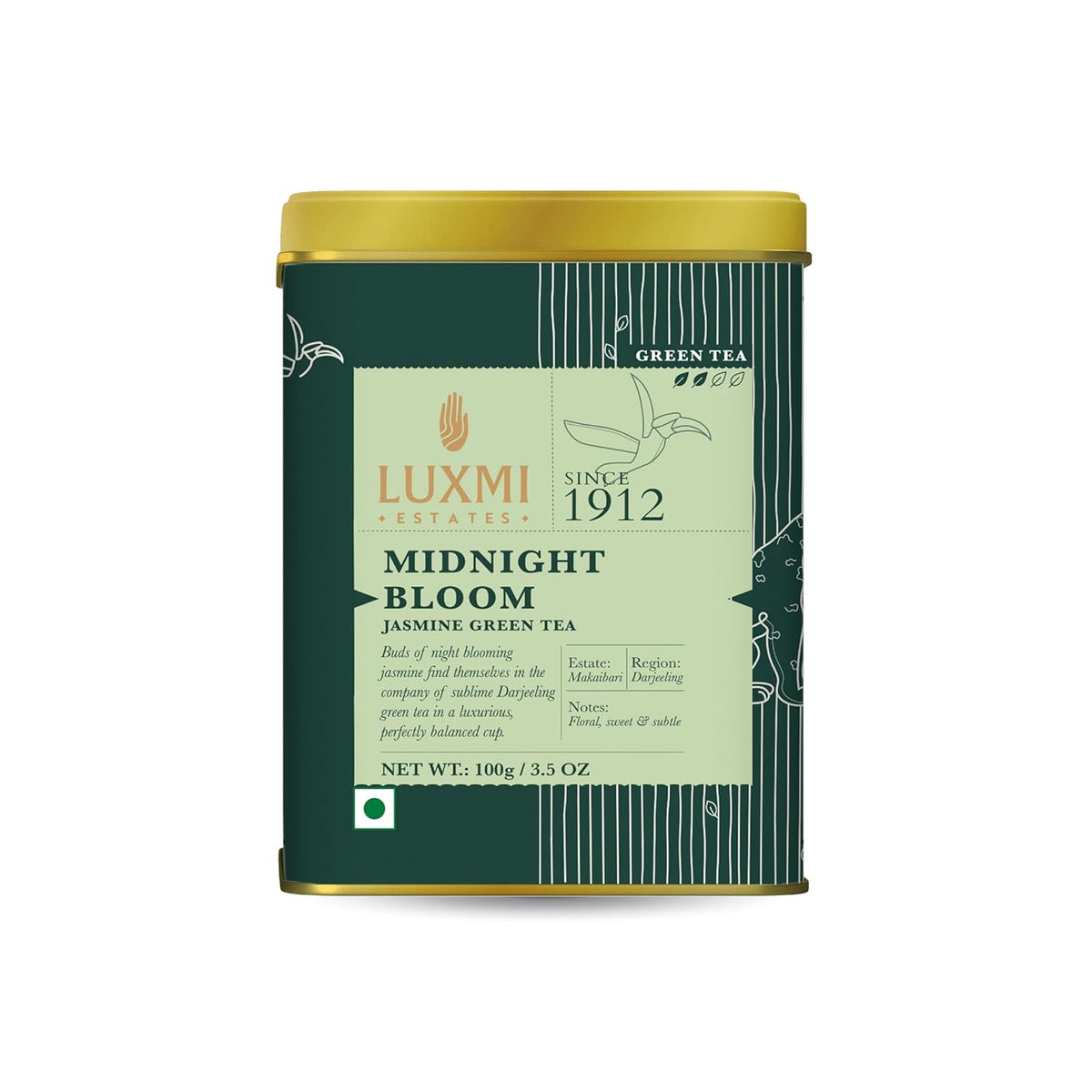 Luxmi Estates Midnight Bloom Jasmine Green Tea - 100gm, 3.5 Ounce, 50 Cups | USDA Certified Organic Tea - Low Caffeine Green Tea | Additives Free Darjeeling Green Tea