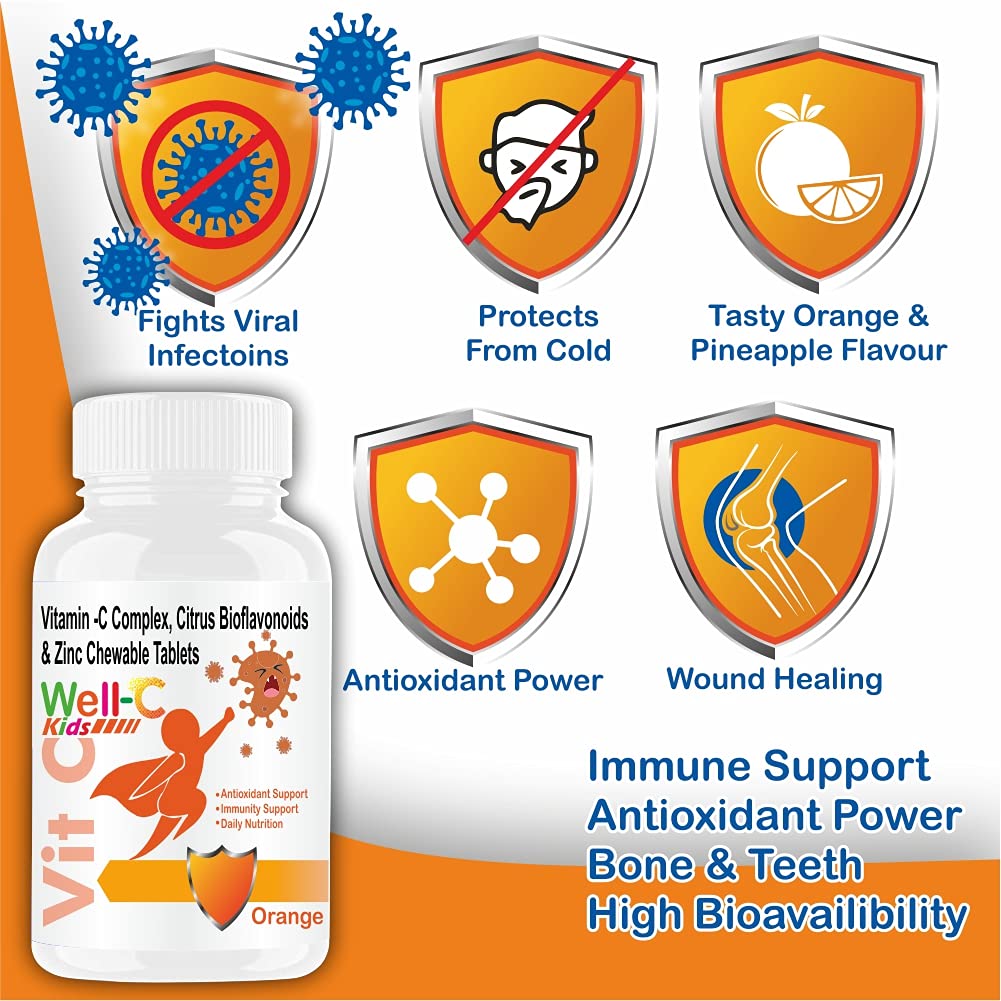 Well- C Vitamin C Tablets Immunity Booster For Kids And Zinc Supplements For Growth Strength Strong Bones Sugar Free | Orange Flavor, 60 Chewable Tablets , 100gm 0.2lbs