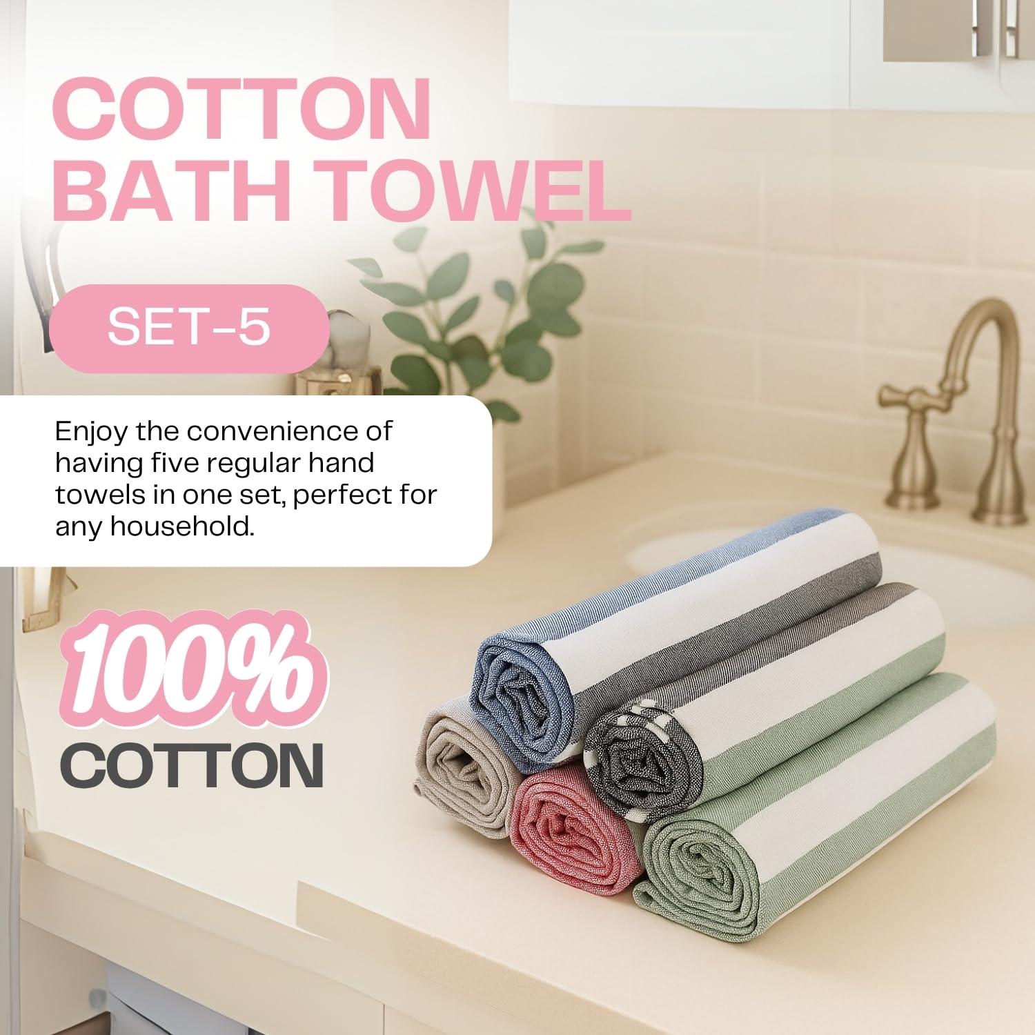 VäRde Premium Handloom Bath Towels 180 Gsm | Towel For Men & Women | Striped & Solid Pattern (Blue, Black, Beige, Pink & Grey, Set Of 5)