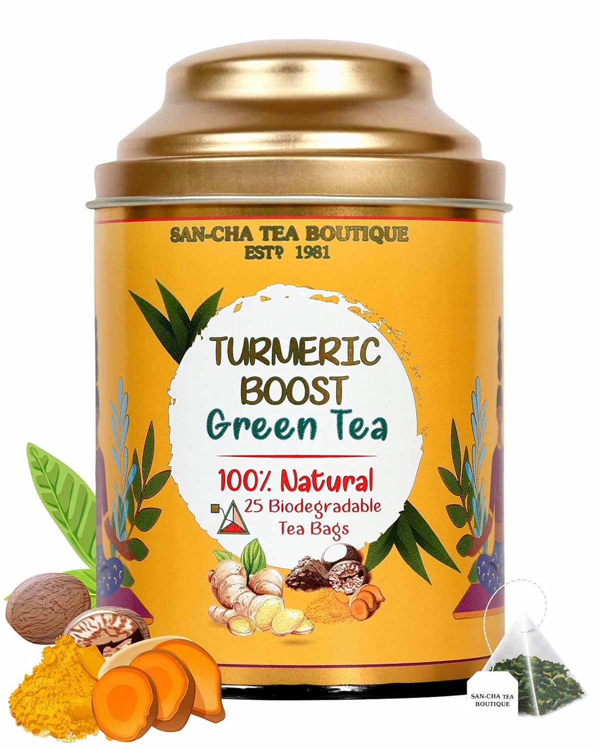 San-Cha Turmeric Boost Green Tea - 25 Biodegradable Tea Bags | Blended With Curcumin Rich Turmeric - Environment Friendly & Made In Corn Fiber | Low Caffeine