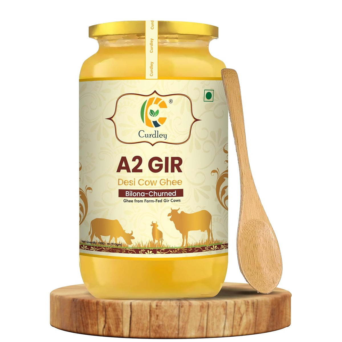 100% Natural A2 Desi Cow Ghee With Wooden Spoon By Curdley | Great Source Of Energy Healthy & Nutrients Cow Ghee Good For Skincare | (1 Litre) 33.8 Ounce | Jar Pack