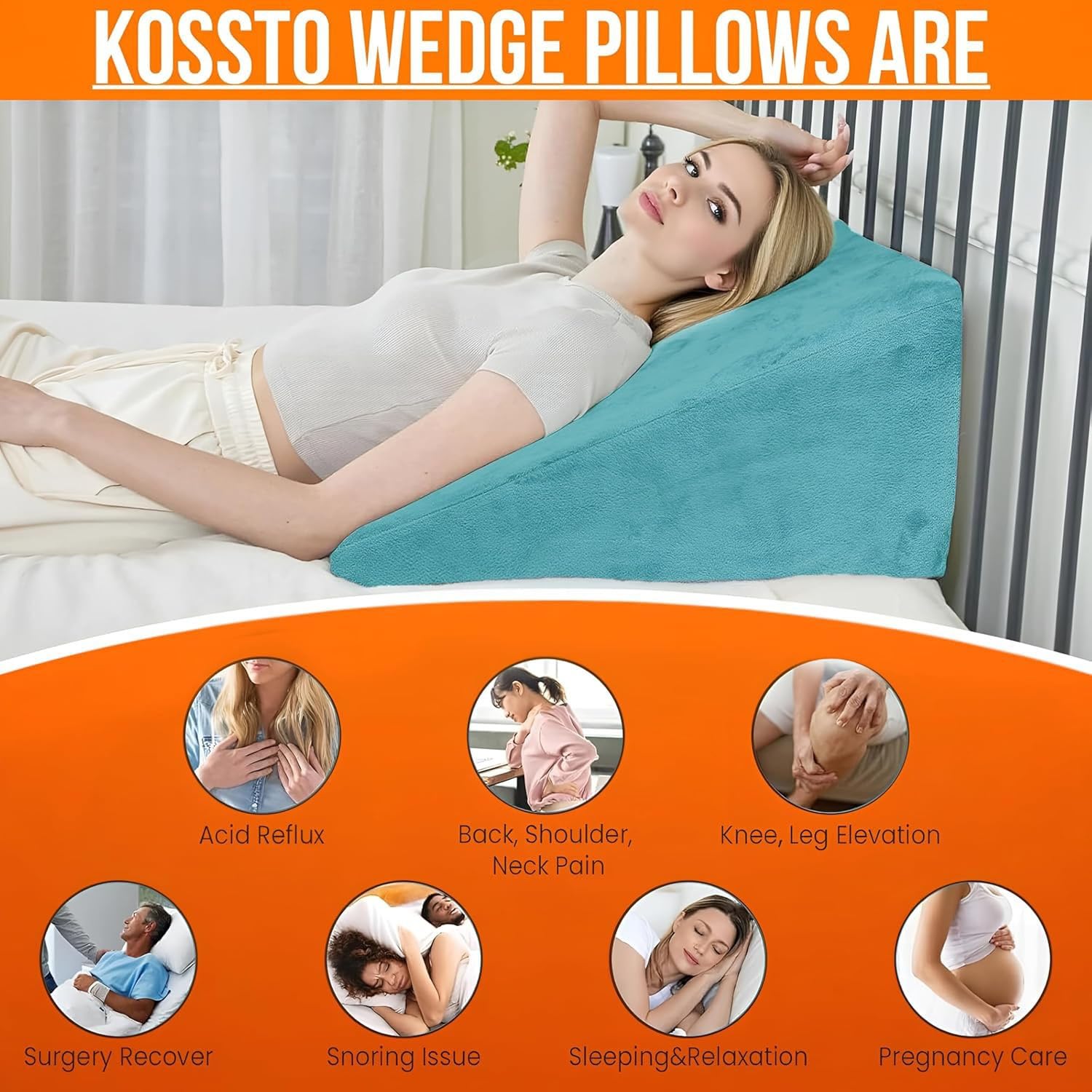 Wedge Pillow Memory Foam For Pain Relief, Aqua Blue - 18 L X 17.5 W X 11 H Inch | Wedge Cushion, For Back Support, Acid Reflux, Snoring, Gerd, Leg Elevation, Pregnancy, Velvet Cover