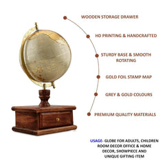 Rotating World Globe 8 Inch With Drawer Stand For Show Pieces, Office Decor, Study Table Decor, Birthday, Party Gifts & Anniversary, For Students Learning, Pack Of 1