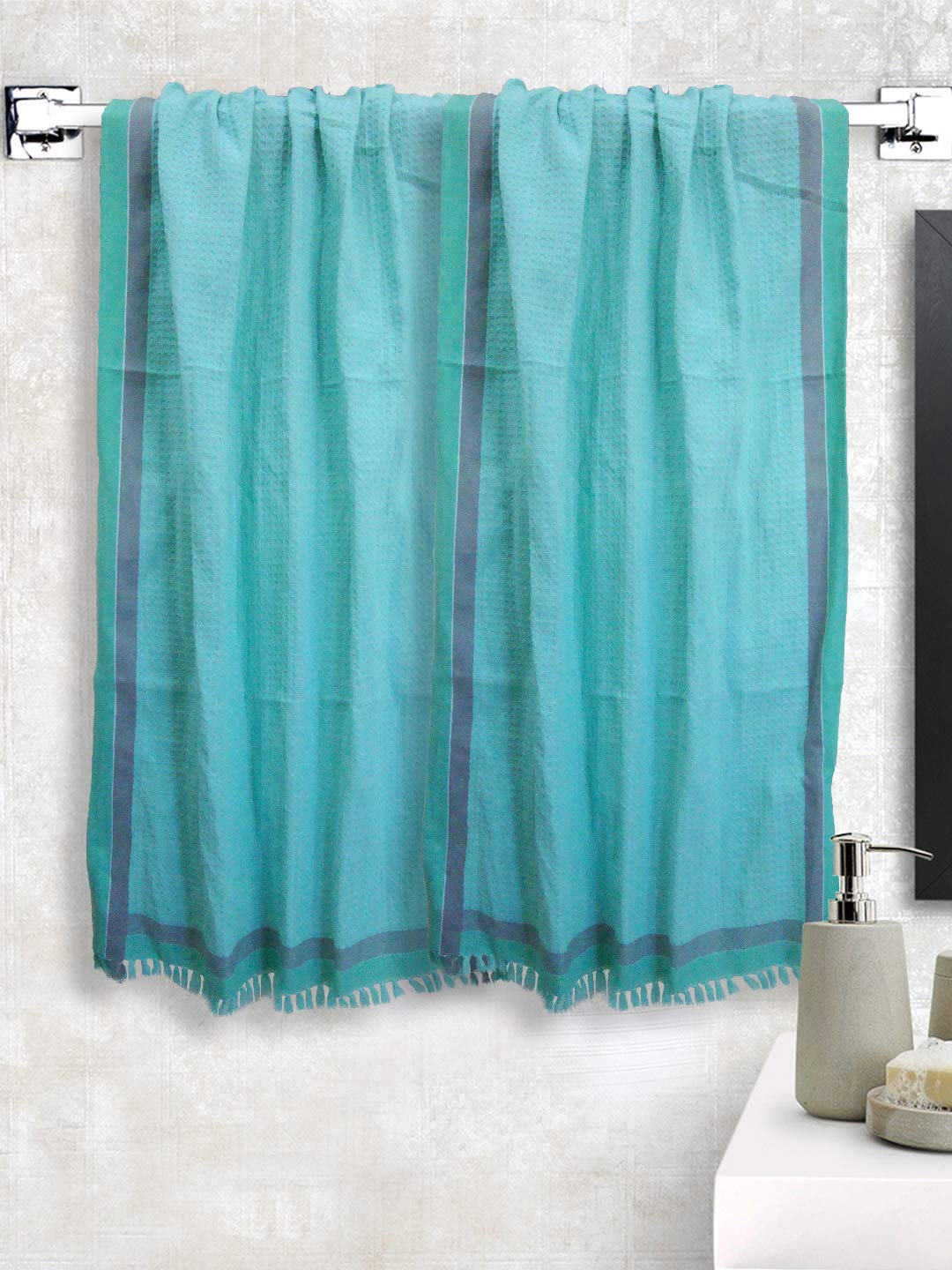 Athom Trendz Living Light Weight Cotton Premium Waffle Border Bath Towel 480 Gsm | Pack Of 2 (Green)