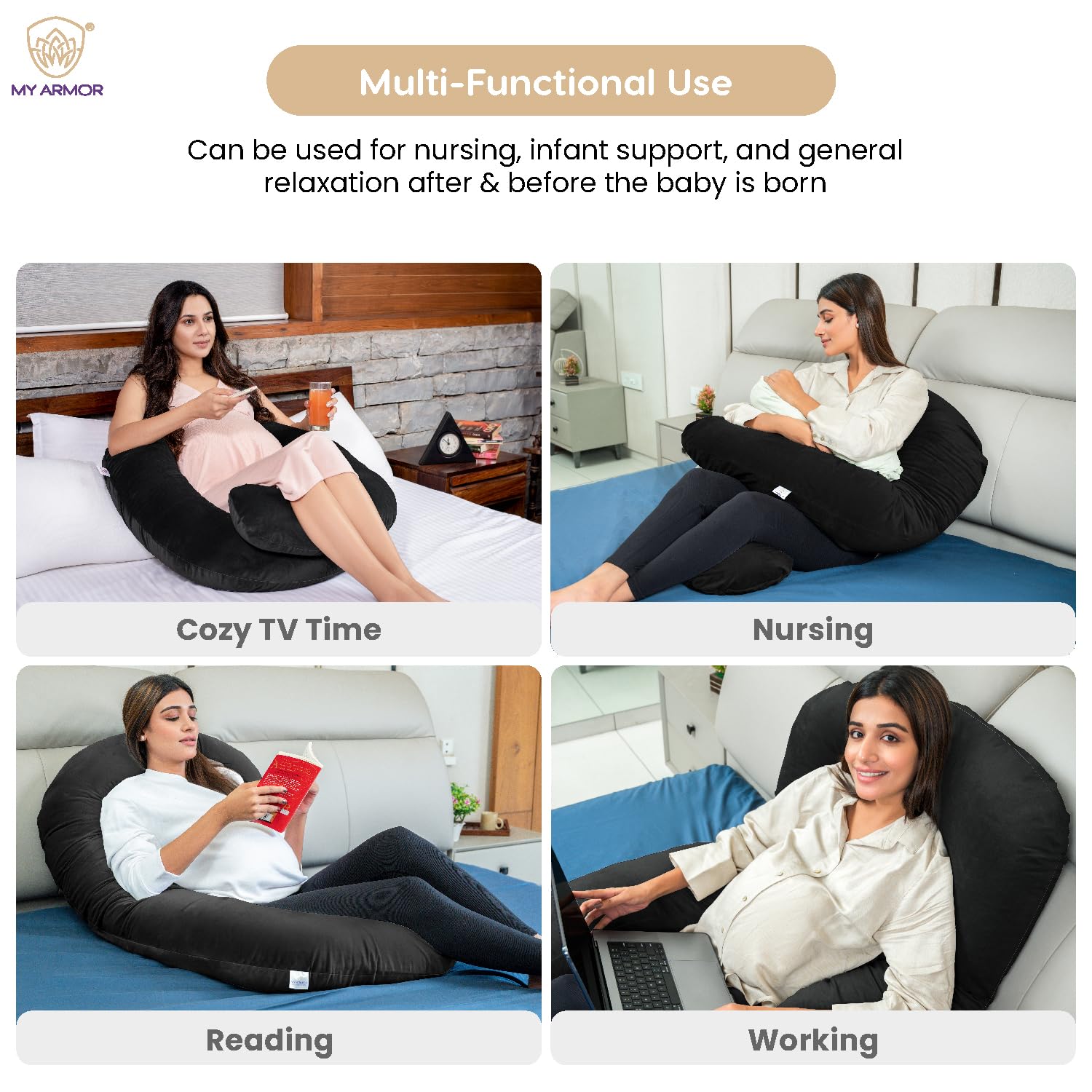 Full Body J Shape Pregnancy Pillow For Women, Maternity Pillow, Black | Pillow Gift For Pregnancy Sleeping, Premium Velvet Cover With Zip | Adjustable & Washable, Multipurpose Pillow