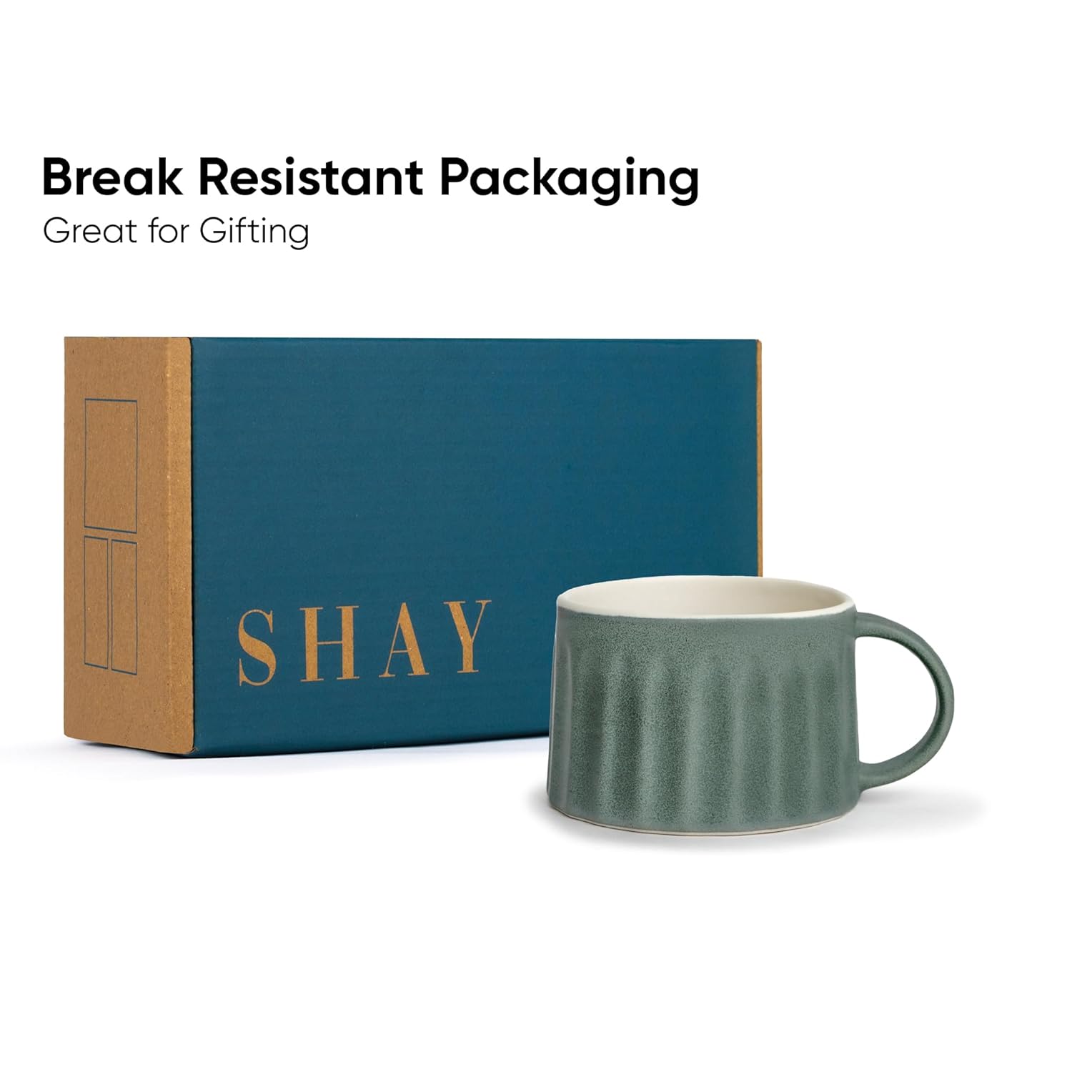 Ceramic Line Cappuccino Cup Set Of 2 - Rustic Green, 300ml Each | Coffee Cup With Matte Finish - Large Cup For Coffee - Ceramic Cup | Premium Stoneware Coffee Cup | Microwave Safe & Dishwasher Safe