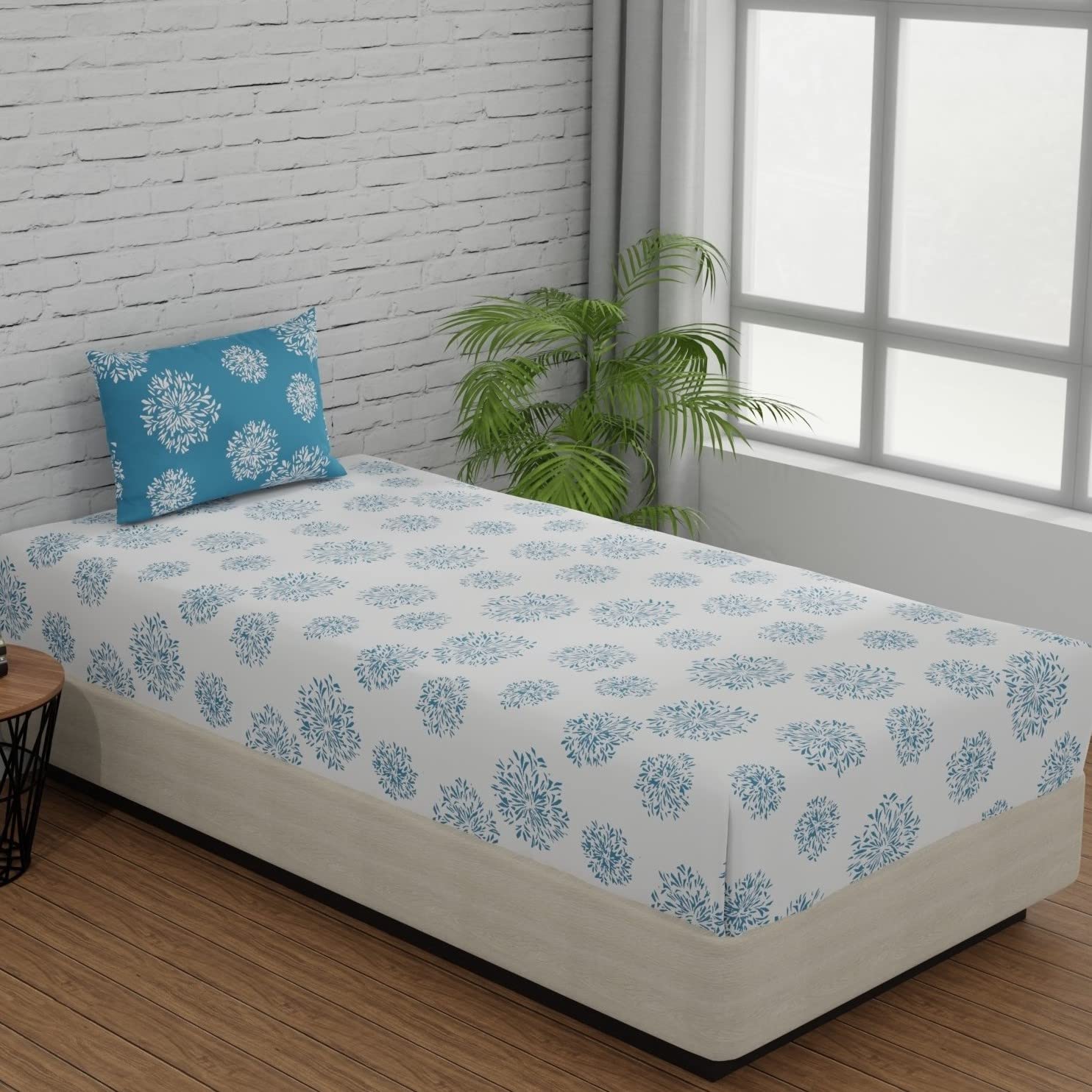1 Single Bedsheet With 1 Pillow Cover | Durable & Long Lasting Fabric, Easy Hand & Machine Wash | Size - 55 X 88 Inches, White & Blue