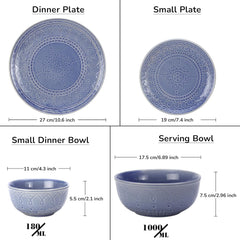 Handcrafted Stoneware Embossed Ceramic Dinner Set Of 20 Pcs With Serving Bowl Set - Mist Blue | 6 Dinner Plates+ 6 Small Plates+ 6 Small Dinner Bowls, 180ml Each+ 2 Serving Bowl, 1000ml Each