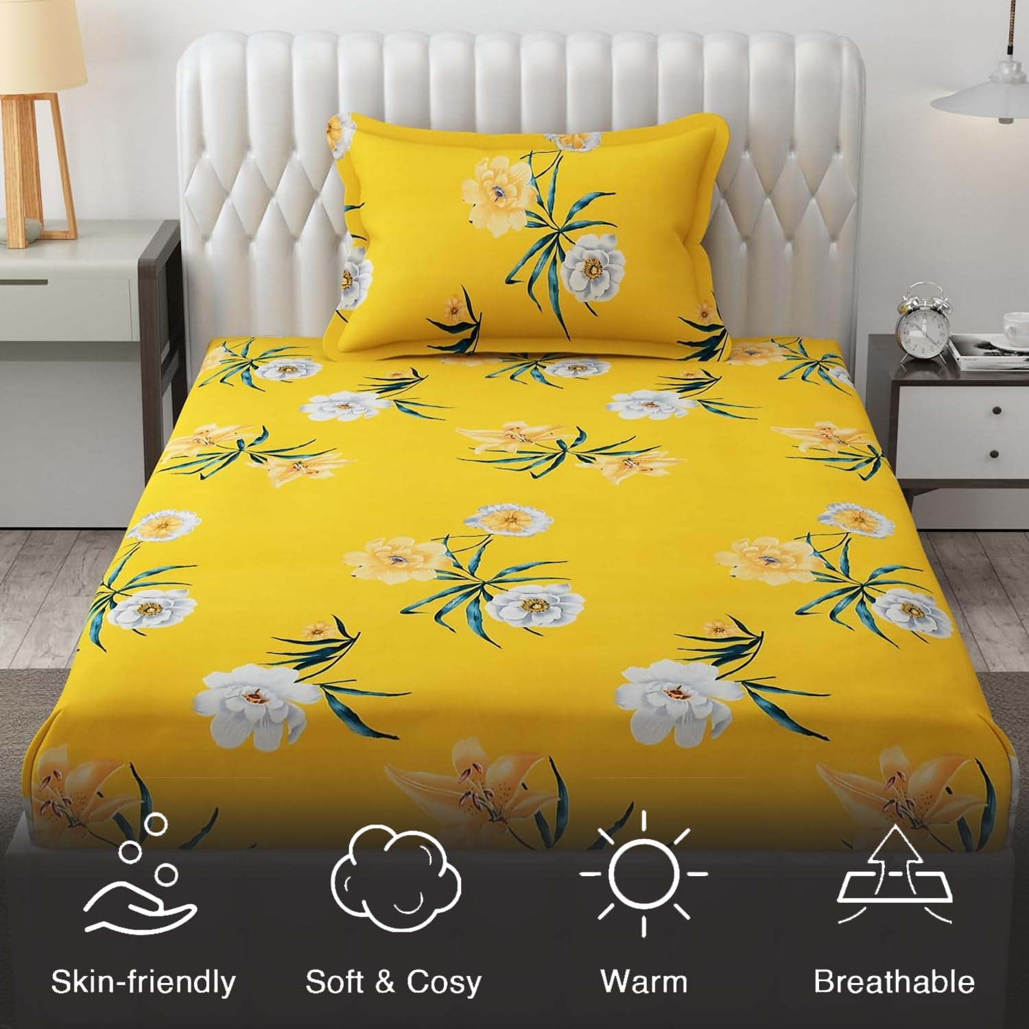 Microfiber Single Bedsheet Set With 1 Pillow Covers (60 X 90 Inches) Yellow | Durable & Long-Lasting | 144 Thread Count | Wrinkle Free