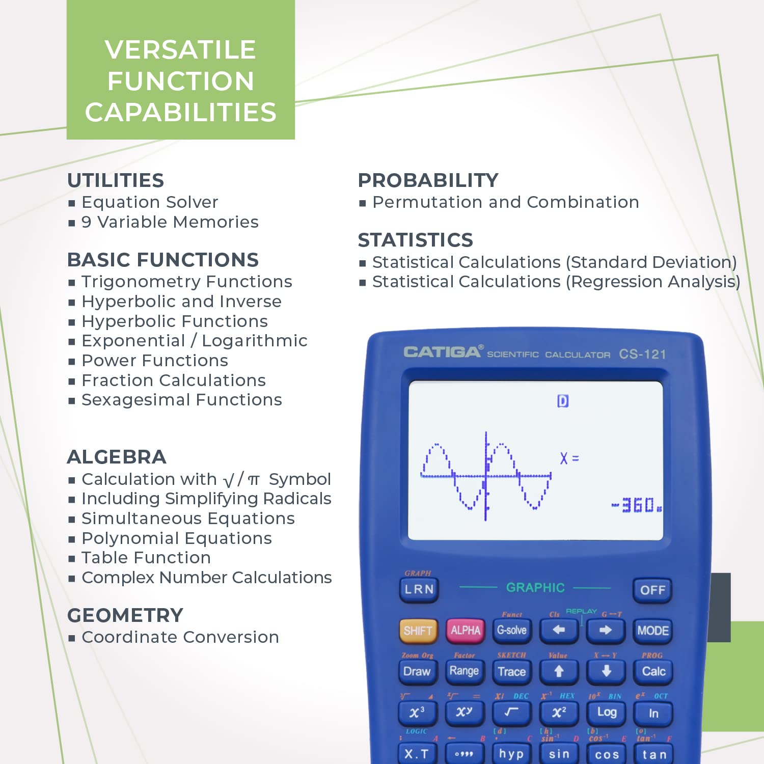 Scientific Graphic Calculator – Catiga CS121 - Scientific And Engineering Calculator - Programmable System (Blue) | 280 Functions-including Fractions, Statistics, Complex Number Calculations