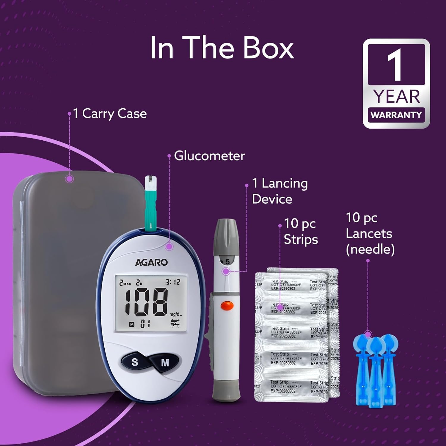 Agaro Glucometer, Blood Glucose Monitoring System with 10pcs Strips & Lancets, Glucometer Machine, Instant Blood Sugar Test at Home, Fast Blood Sugar Testing Device, Simple & Accurate, GLM-76.