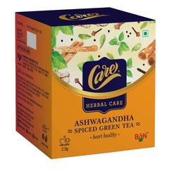 Care Ashwagandha Spiced Herbal Care Green Tea - 3 Packs X 25 Sachets | Organic Desi Kahwa With Tulsi, Ginger, Cinnamon - Ayurvedic Indian Kadha For Detoxification | Whole Loose Leaves Blend