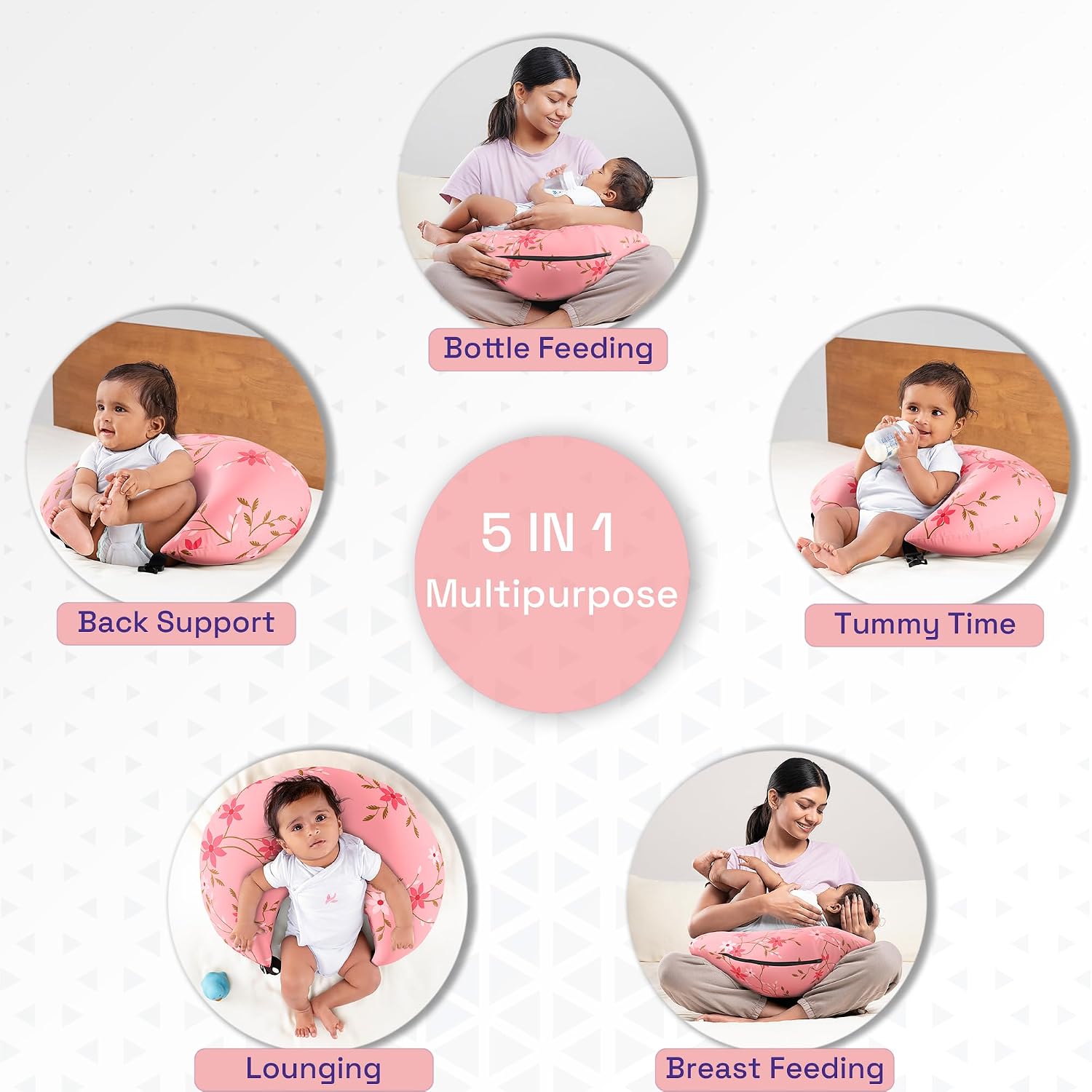 Feeding Pillow For New Born Baby, 5 In 1 Multipurpose Use, Nursing Pillow, Pink | Pillow With Belt & Hoop For Breastfeeding With Cotton Removable Cover | Machine Washable, Comfortable