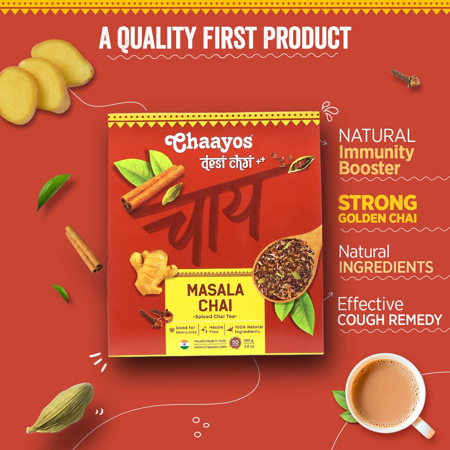 Chaayos Desi Masala Chai - 100gm, 3.5 Ounce, 50 Cups | 100% Natural Ingredients Spiced Chai Tea - Relieves Stress, Boosts Immunity | Medium Caffeine Loose Leaf Tea - Premium Chai Patti