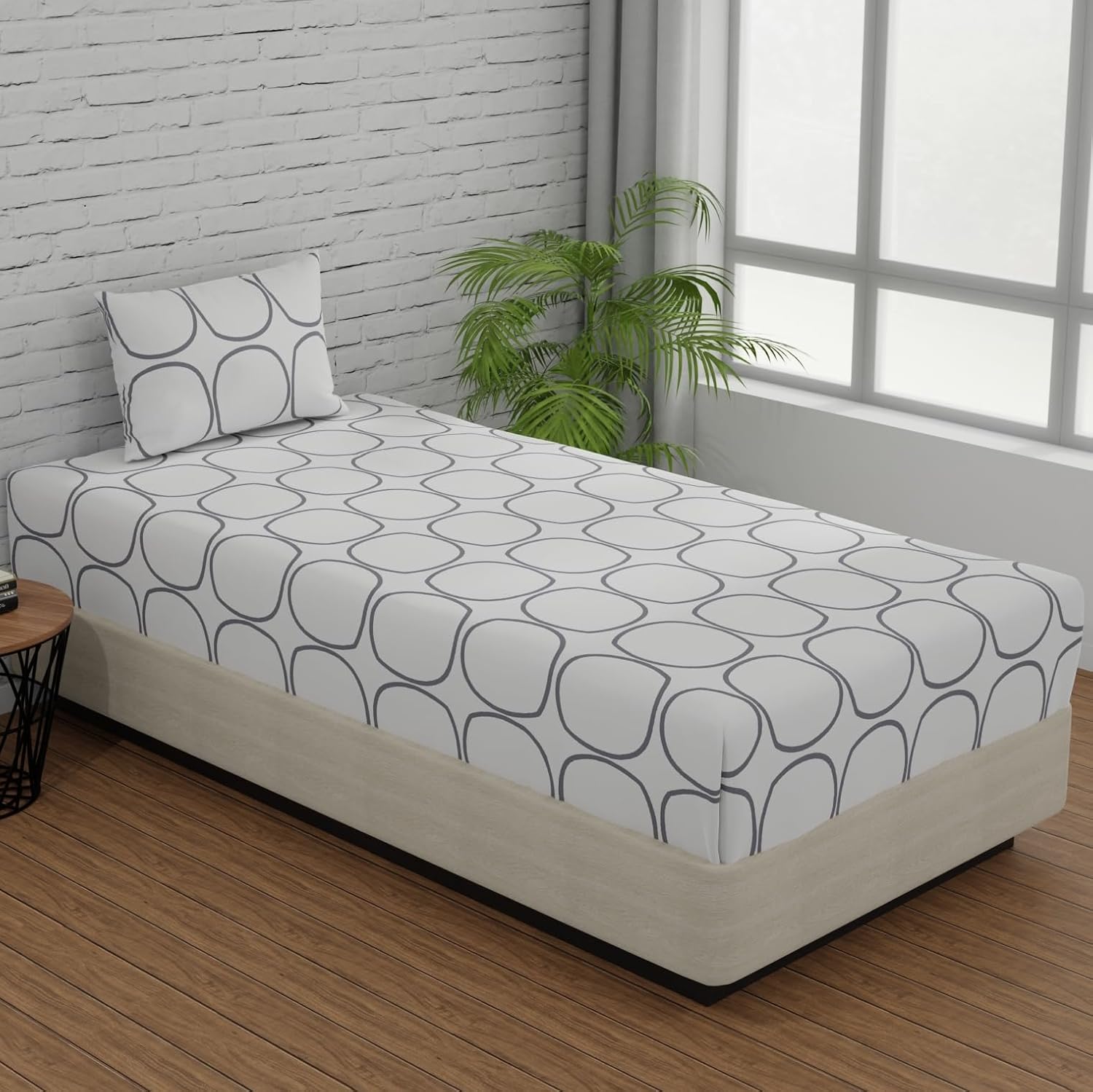 Single Bed Sheet Size - 55 X 88 Inches With 1 Pillow Covers, White (Grey Circles) | Wash Dark Colors Separately | Lightweight, Soft, & Comfortable Bedsheet