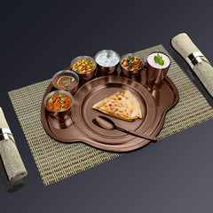 Stainless Steel Rose Gold Nifty Thali Set Of 9 Pieces, Copper | 5 Katoris+ 1 Glass+ 1 Quarter Plate+ 1 Full Plate+ 1 Dessert Spoon