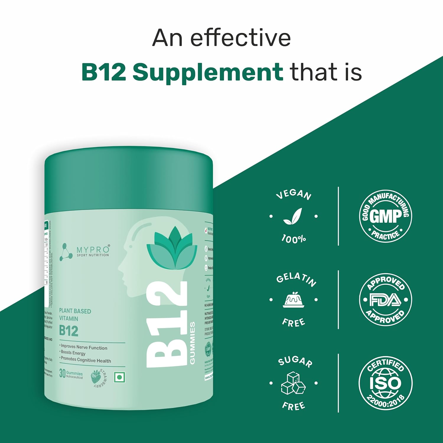 Mypro Sport Nutrition Plant Based Vitamin B12 Gummies , With Moringa, Amla Spirulina With 9 Herbals Extract Nervous System Support , Boosts Energy | Strawberry Flavour , 30 Gummies 150gm 0.3lbs