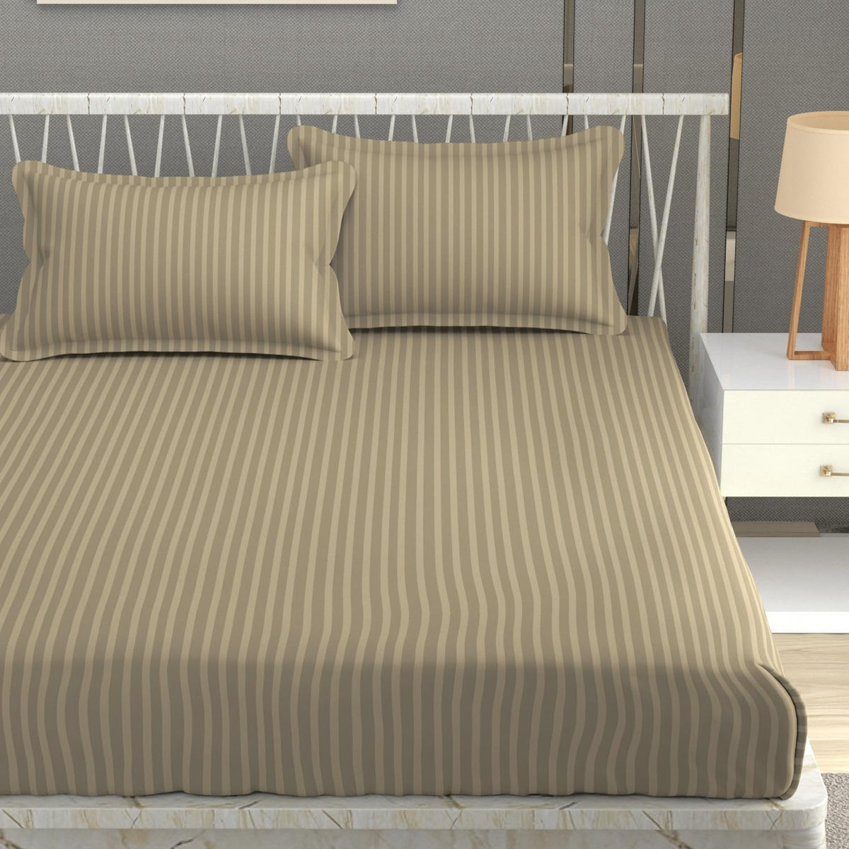Stripe Glace Cotton 1 Double Bedsheet With 2 Pillow Cover - 91 X 90 Inches, Beige | Fade Resistant & Durable Breathable & Wrinkle Free Bed Sheet