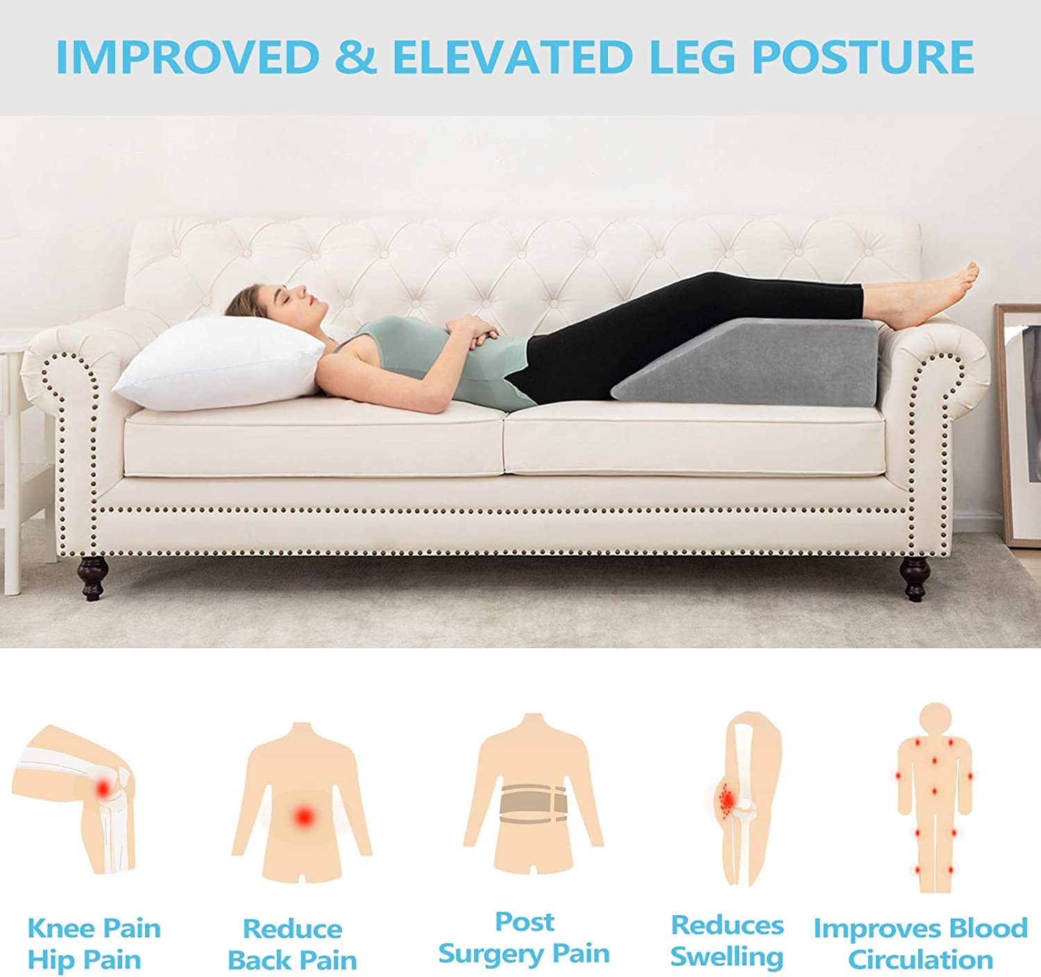 Leg Elevation Pillow, Orthopedic Memory Foam Leg Pillow, Black & Grey Color | For Leg Elevation Sciatica Relief, Varicose Veins, Side Sleepers & Wedge Pillow, Lightweight, Removable Cover