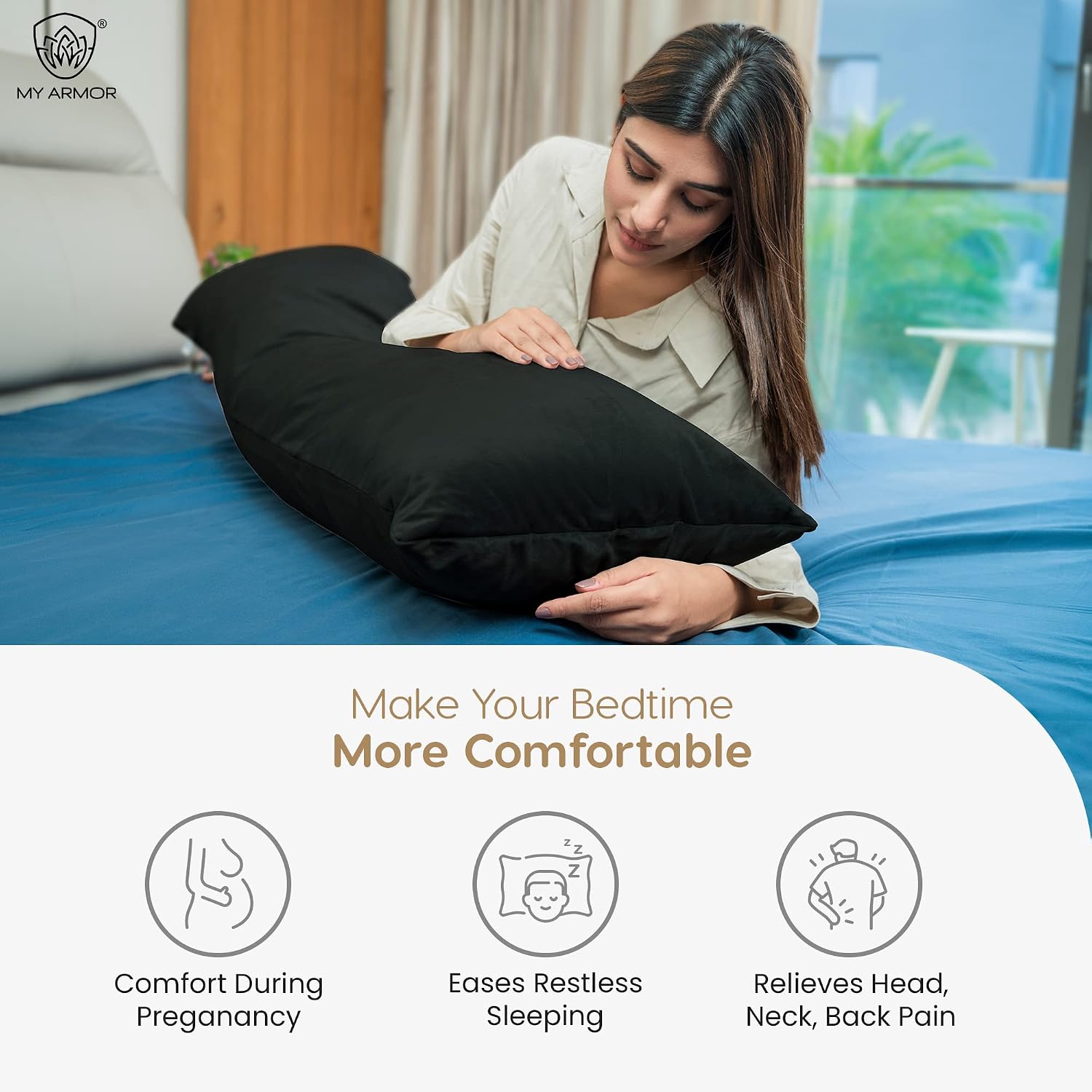 Microfiber Body Side Pillow For Sleeping For Pregnancy, Black - 53 X16 Inches | Long Cuddle Pillow For Hugging, Relaxing, Washable, Premium Velvet Outer Cover With Zip, Adjustable Pillow