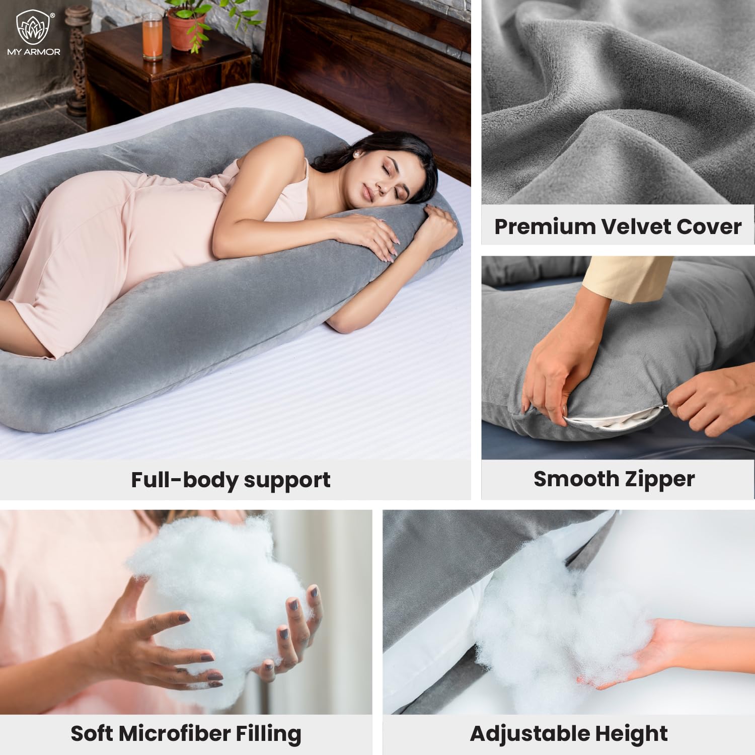 Pregnancy Pillow For Women, U Shape Maternity Pillow, Adjustable Pillow, Grey | Pillow For Pregnant Women, Premium Velvet Cover | Full Body Support, Relieves Pain, Multipurpose Pillow