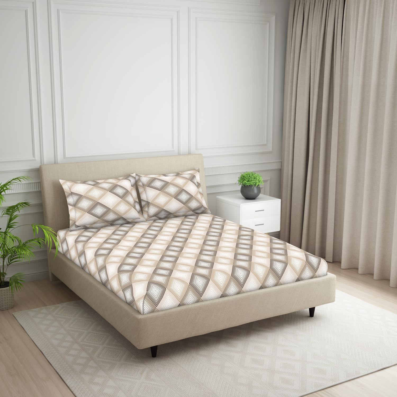 Double Bedsheet For Queen Size 2 Matching Pillow Cover - 88 X 100 Inches, Beige & Brown | Durable & Long Lasting Wrinkle Resistant Fabric - Skin Safe & Super Soft