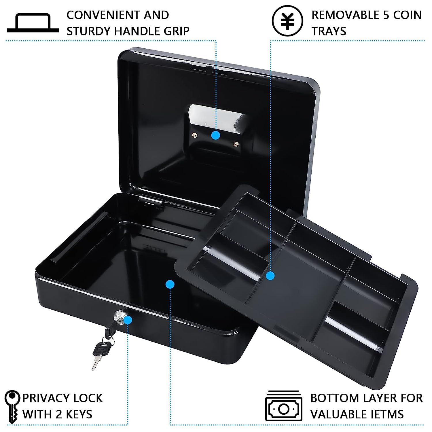Cash Box With Key Lock With Coin Trey, Portable, 12" Inch Petty Cash Box, Money Safe Box, Colour - Black, Material - Alloy Steel