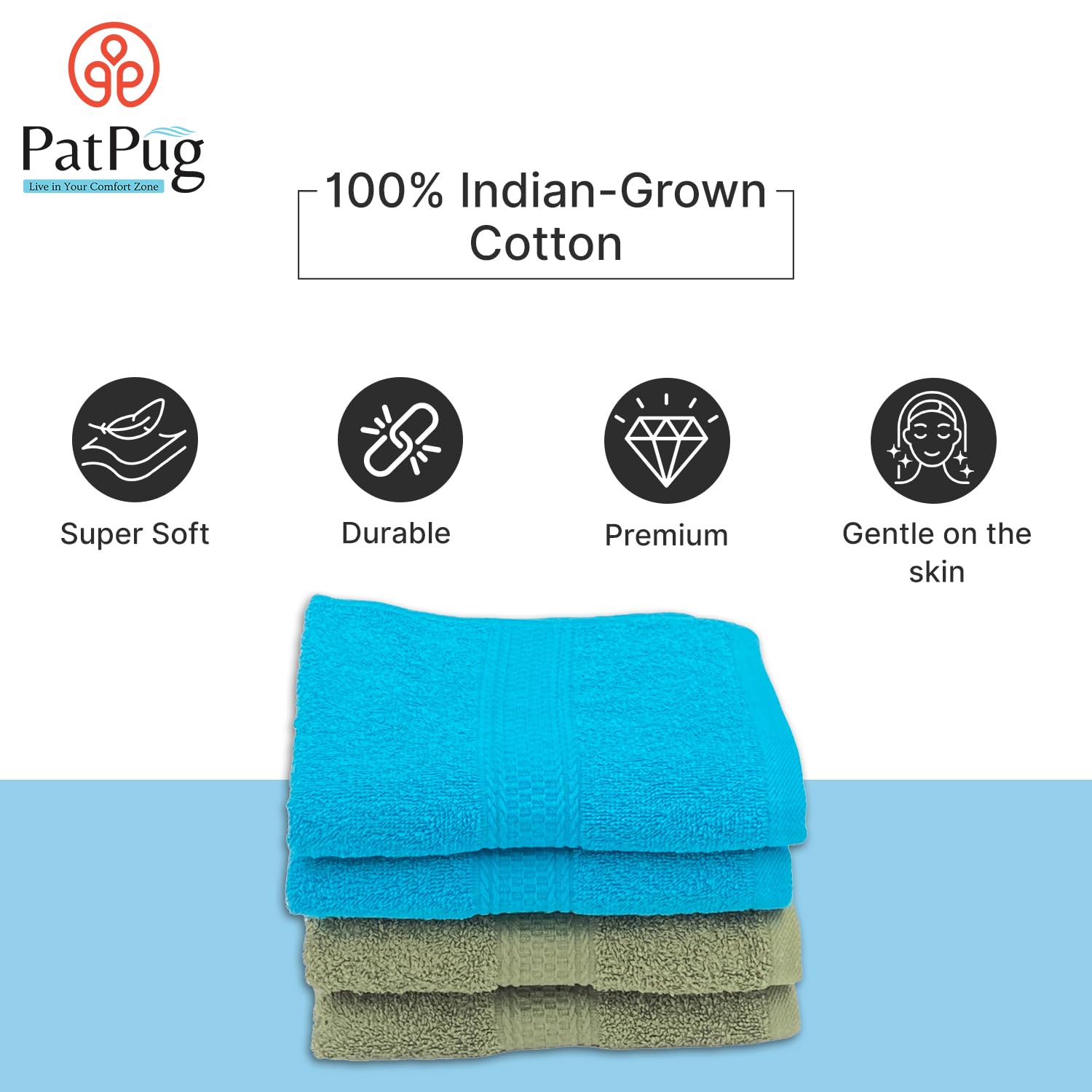 Patpug 100% Indian Ultra Soft Cotton Hand Towel 800 Gsm | For Gym, Workout, Yoga, Wash Basin (Olive Green & Cool Aqua) - 4 Piece
