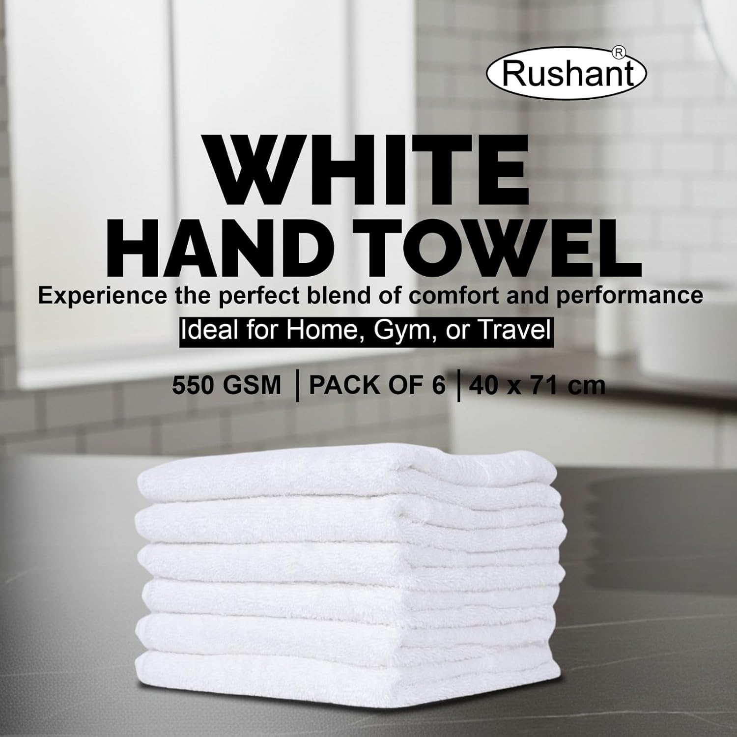 Rushant 100% Combed Cotton Hand Towels 900 Gsm | Ultra Soft, Quick Dry & Super Absorbent For Home, Gym & Travel (White) - Set Of 6
