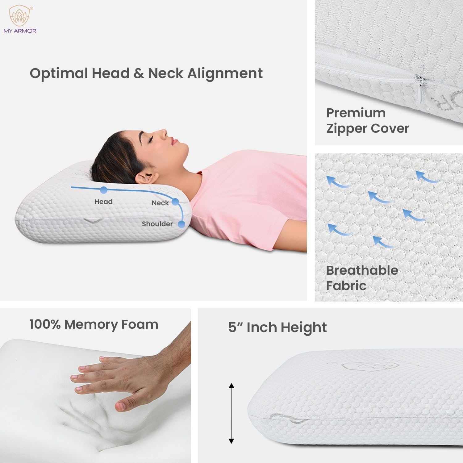 Memory Foam Pillow, Orthopedic Pillows For Neck Pain Relief, Thick King Size - 5 Inch | White Pillows With Removable Washable Cover | Bed Pillow, Cooling, Adjustable, Breathable - Pack Of 2