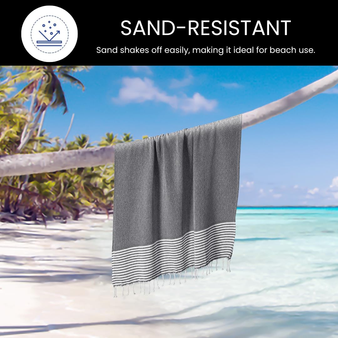 Destin Home Turkish Peshtemal Beach Towels 1.5 Kg | Cotton Soft, Lightweight, Quick-Drying & Absorbent For Beach Pool Spa Picnic Travel (Black)- Set Of 4