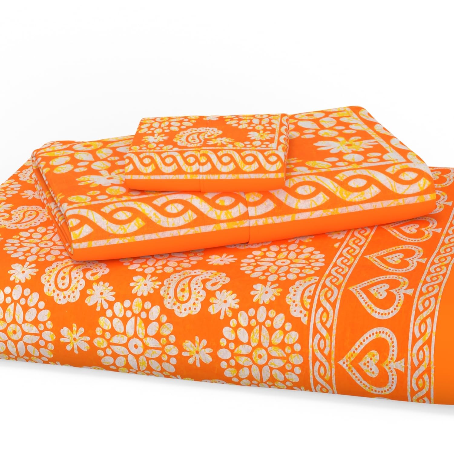 Handloom Printed Double Bedsheet For Queen Size With 2 Matching Pillow Cover | Size 90 X 100 Inches, Orange - Cotton Bedsheets For Double Bed | Soft & Smooth