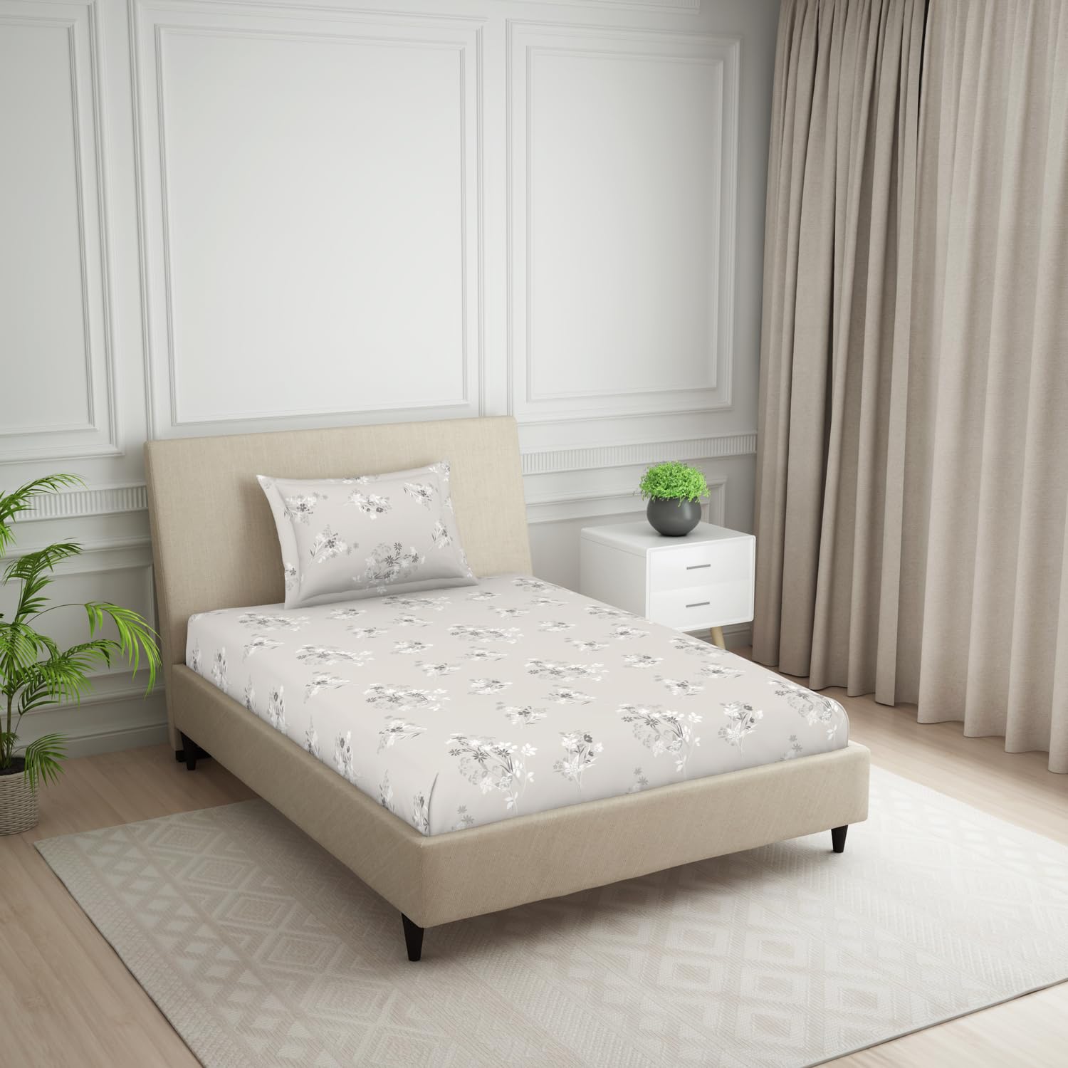 Polycotton Bedsheet For Single Bed With 1 Pillow Cover - 60 X 88 Inches, Grey | Skin Safe & Super Soft Small Size Bedsheet - 120 Thread Count
