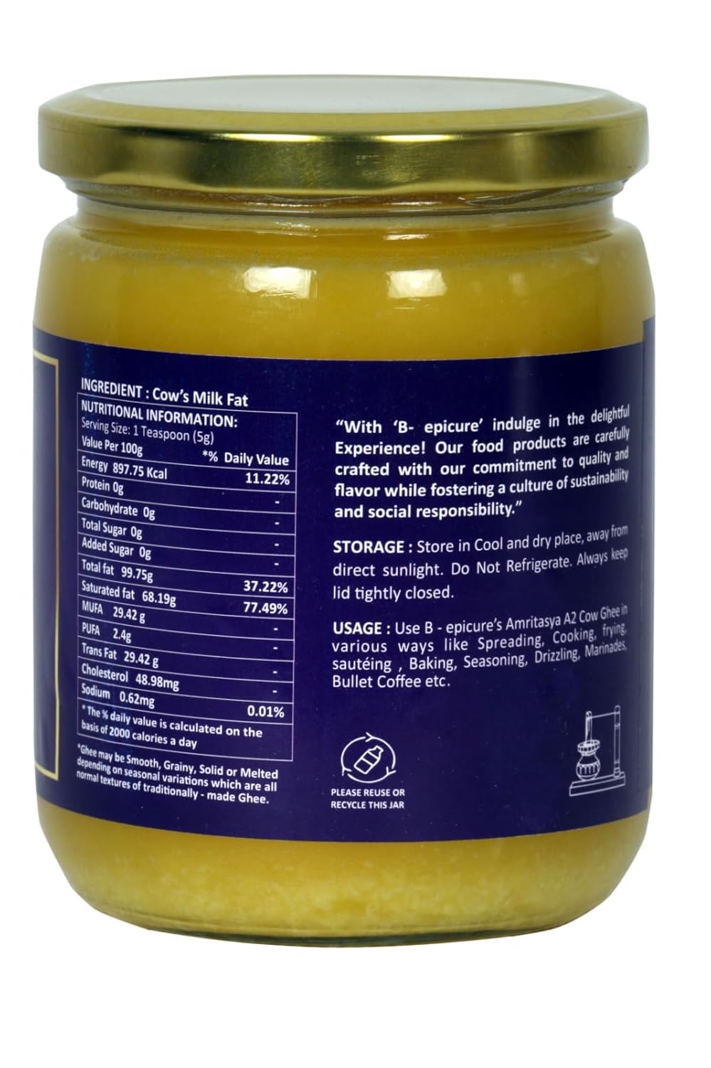 Organic Pure Amritasya A2 Cow Ghee By B-Epicure | Traditional Bilona Method Pure & Natural Curd- Churned Desi Ghee Good For Health | 1 Litre (500ml * 2) 33.8 Ounce | Jar Pack