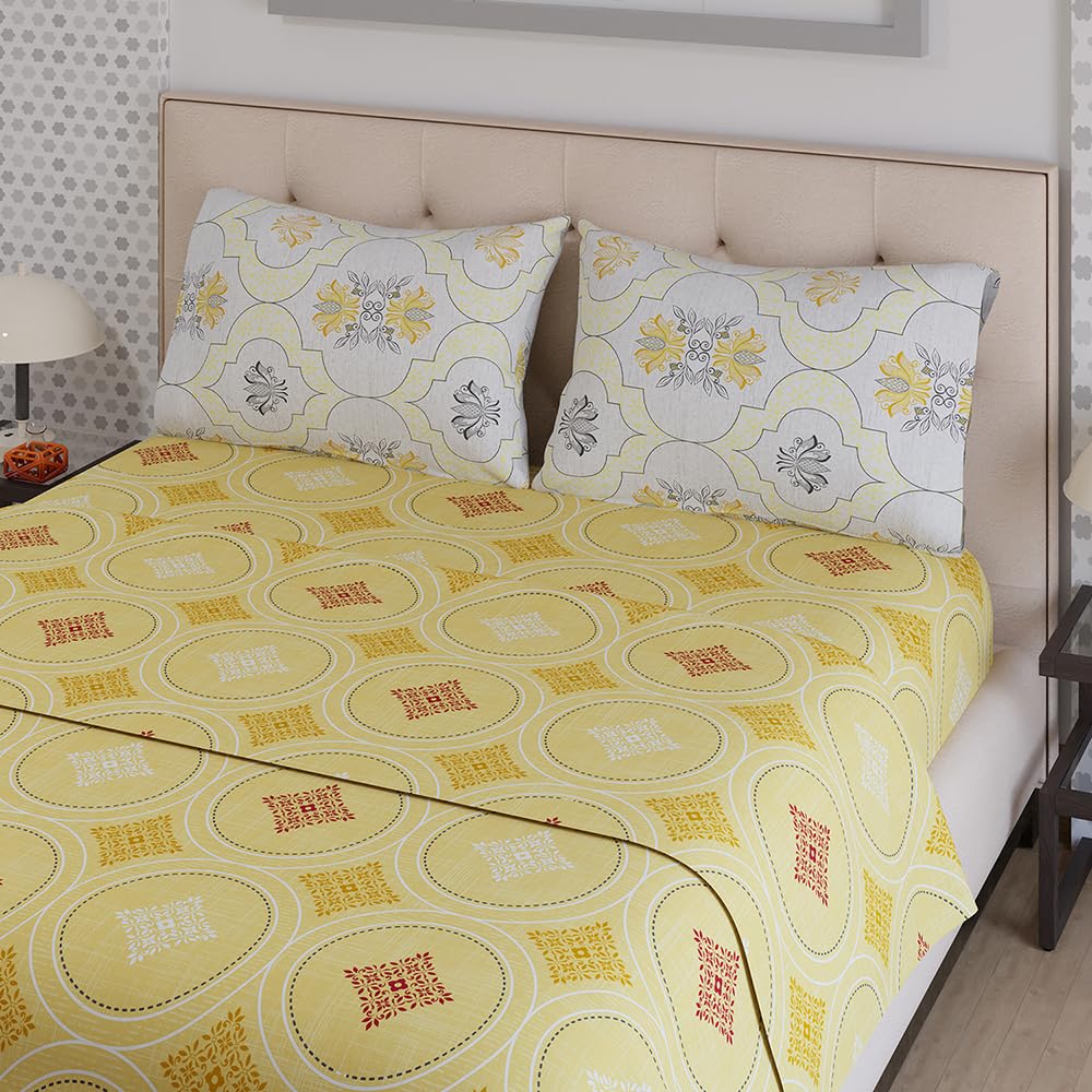 100% Cotton Double Bedsheet With 2 Pillow Covers Size - 87 X 95 Inches, Yellow | 125 Thread Count Lightweight & Durable - Gift For Housewarmings, Weddings, Birthdays