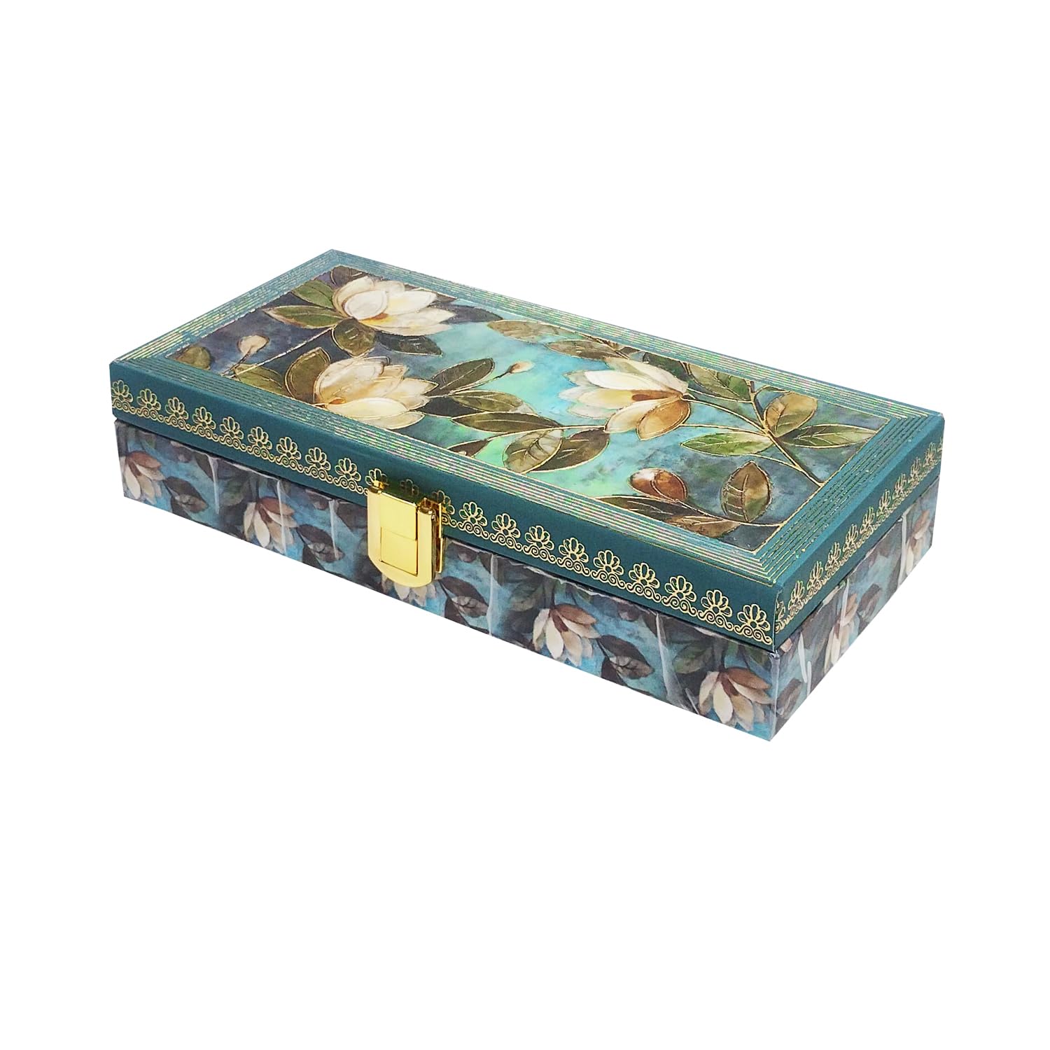 Flower Design Gold Printed Matt Touch Mgi Floral Decorative Box, Wedding Fancy Shagun Cash Box, Jewellery Box, Money Box, Gaddi Box, Colour - Green, Pack Of 2
