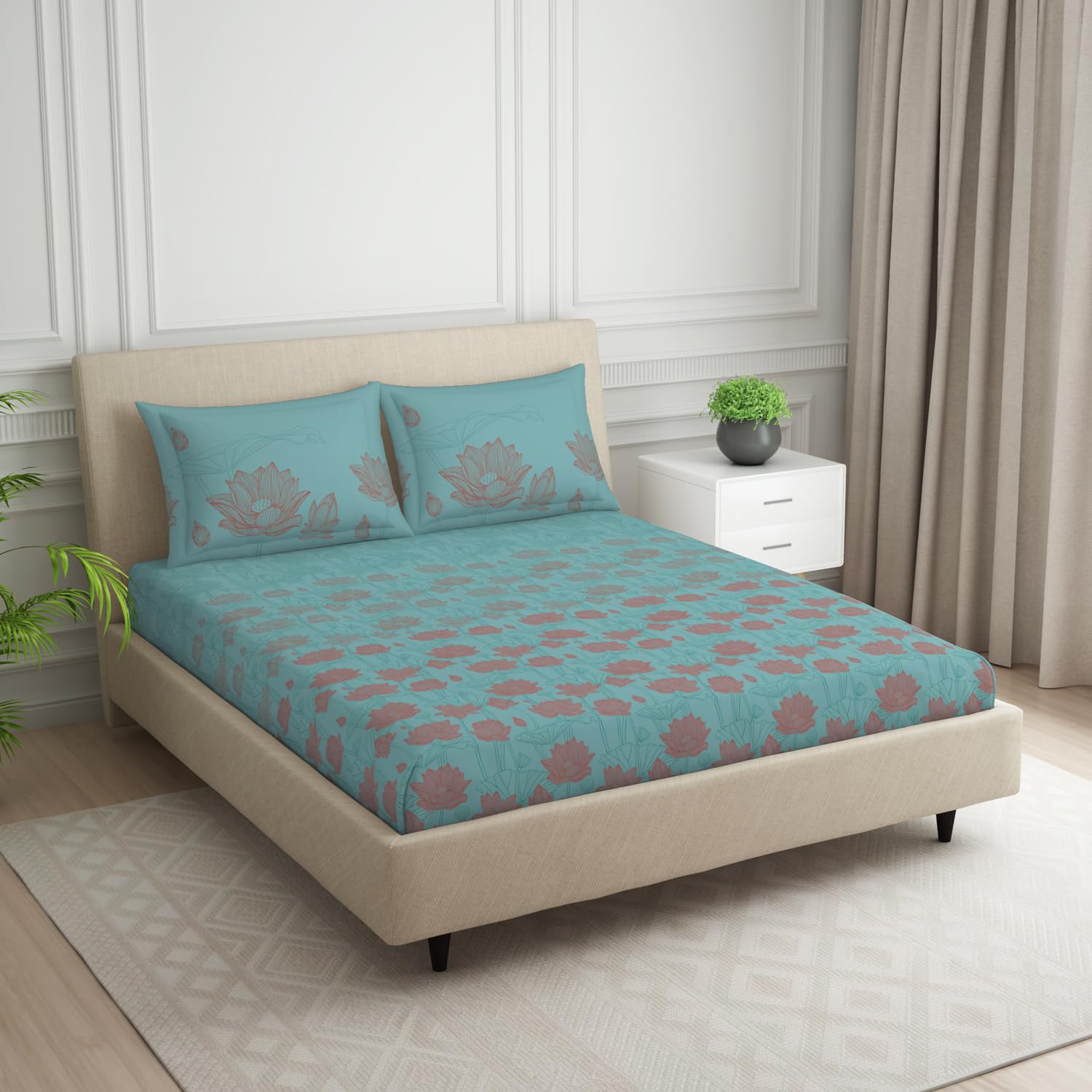 Double Bedsheet With 2 Pillow Covers (Size 88 X 100 Inch) Light Blue | Breathable Pure Cotton Queen Size Bedsheet | Floral Design Bedsheet