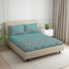 Double Bedsheet With 2 Pillow Covers (Size 88 X 100 Inch) Light Blue | Breathable Pure Cotton Queen Size Bedsheet | Floral Design Bedsheet