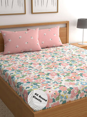 Elastic Fitted Printed Queen Size Double Bed Bedsheet With 2 Pillow Covers | 60 X 78 X 10 Inches, Pink | Super Soft Premium Brushed Glace Cotton Material